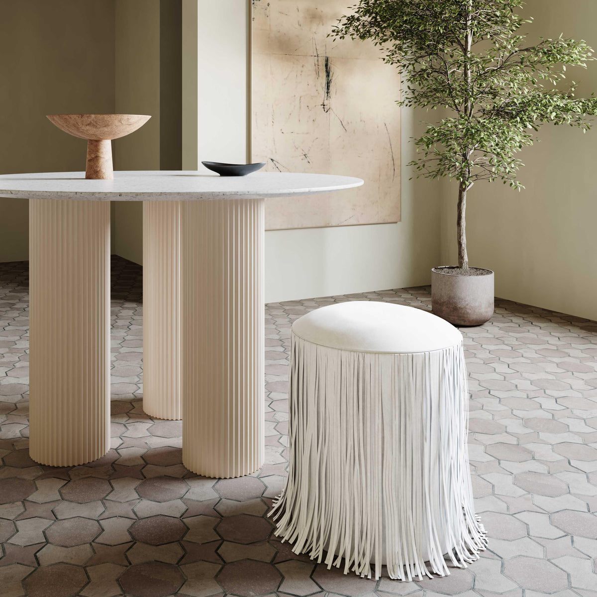 Shag Me Ivory Performance Vegan Leather Ottoman