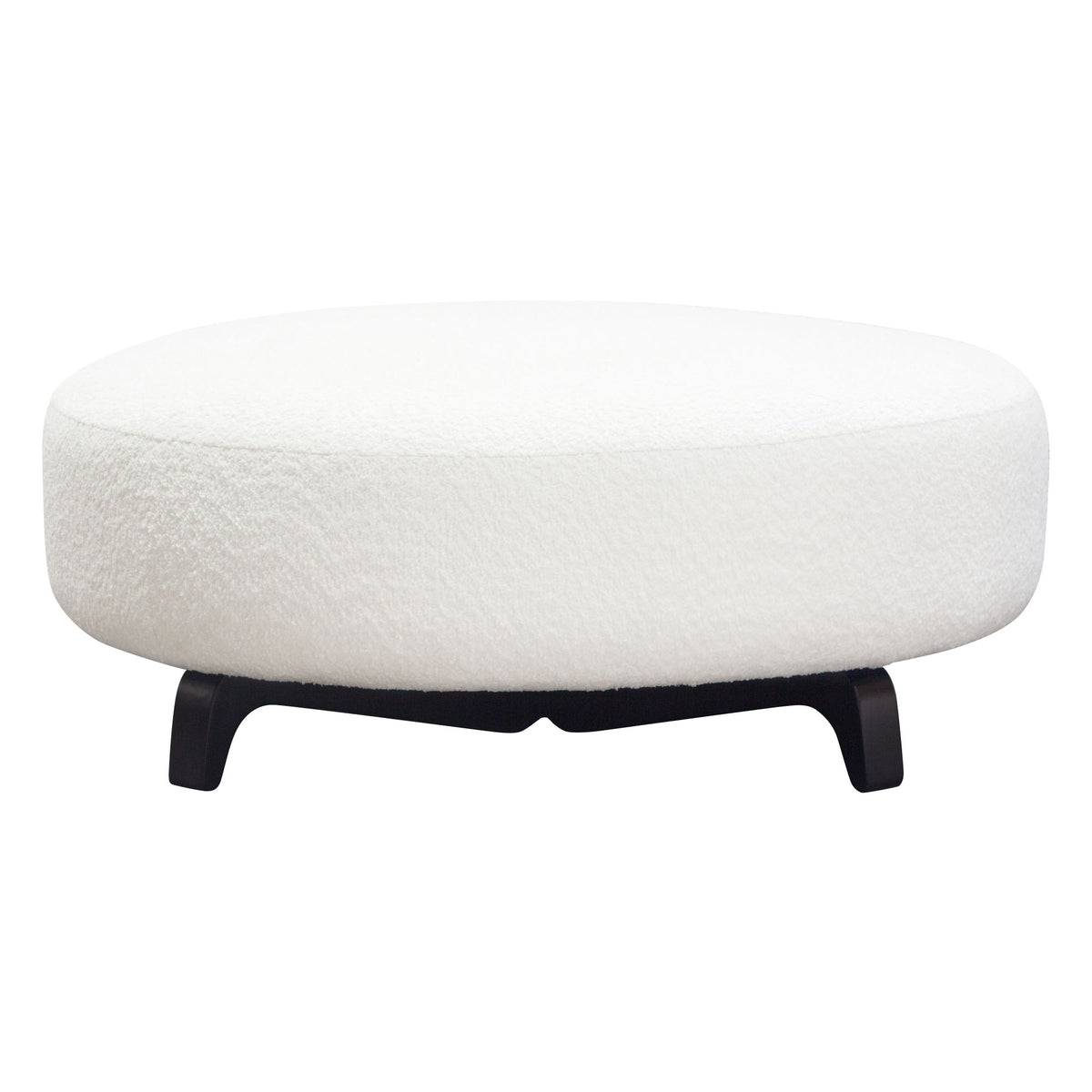 Vesper Round Ottoman in Faux White Shearling w/ Black Wood Leg Base