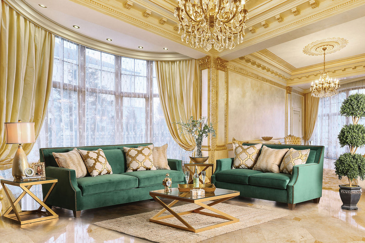 Verdante Emerald Green/Gold Transitional Living Room Set
