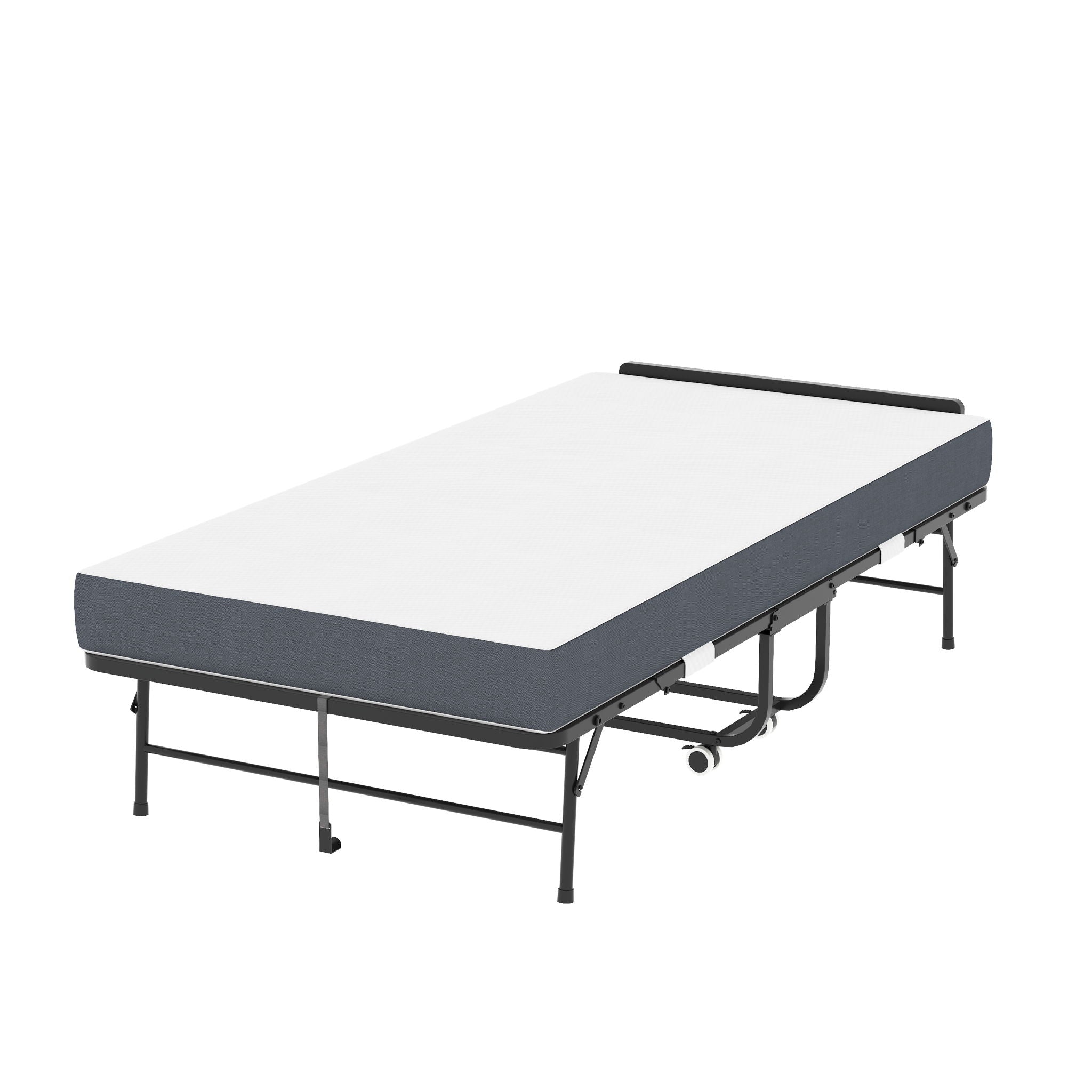 Twin Adjustable Headboard Folding Bed With Memory Foam Mattress, Heavy-Duty Frame Cot For Tall People, Portable Guest On Wheels - Black
