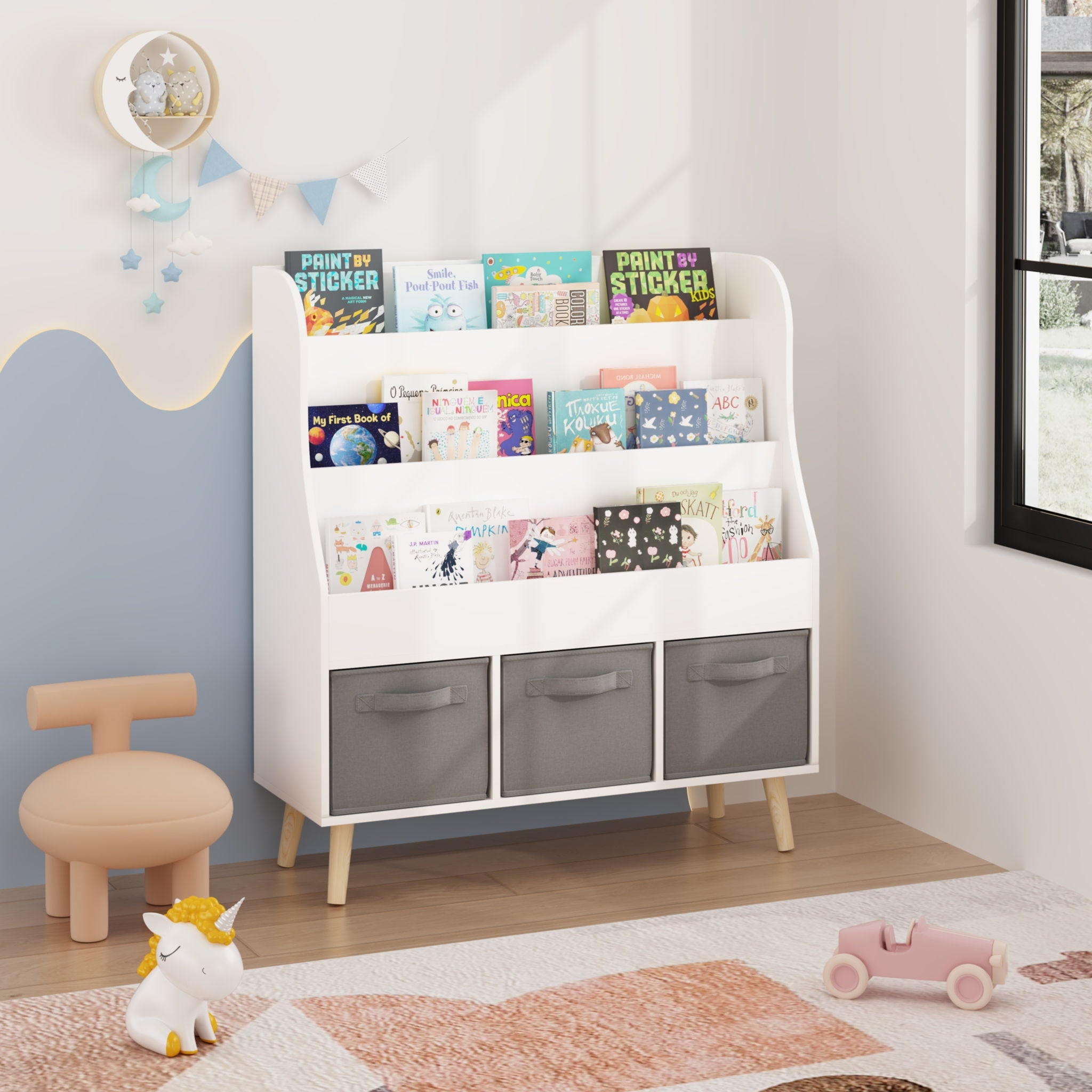 Bookshelf With 3 Bins, Storage Shelf For Toys And Books