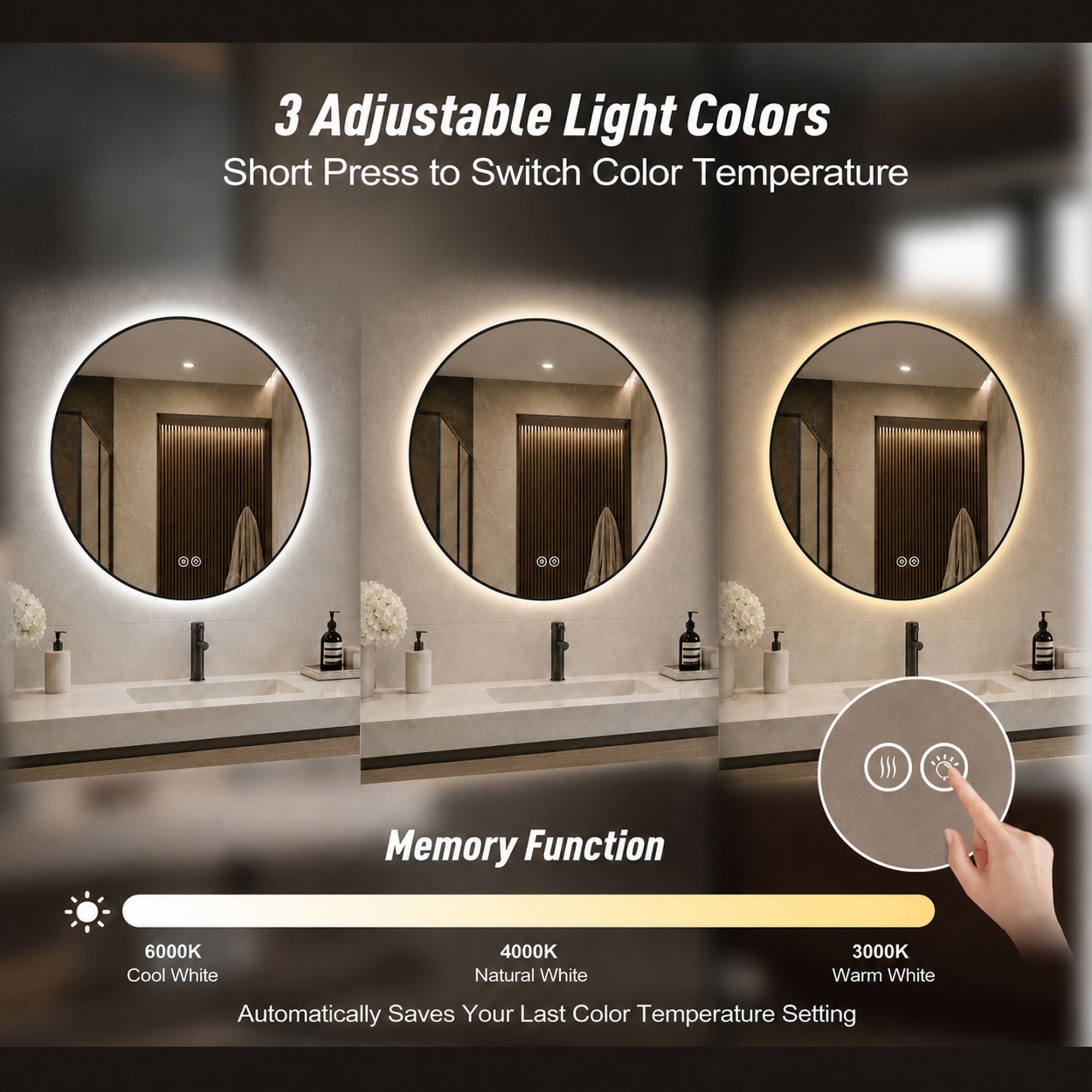 Round Framed Dimmable ED Bathroom Mirror With Anti Fog