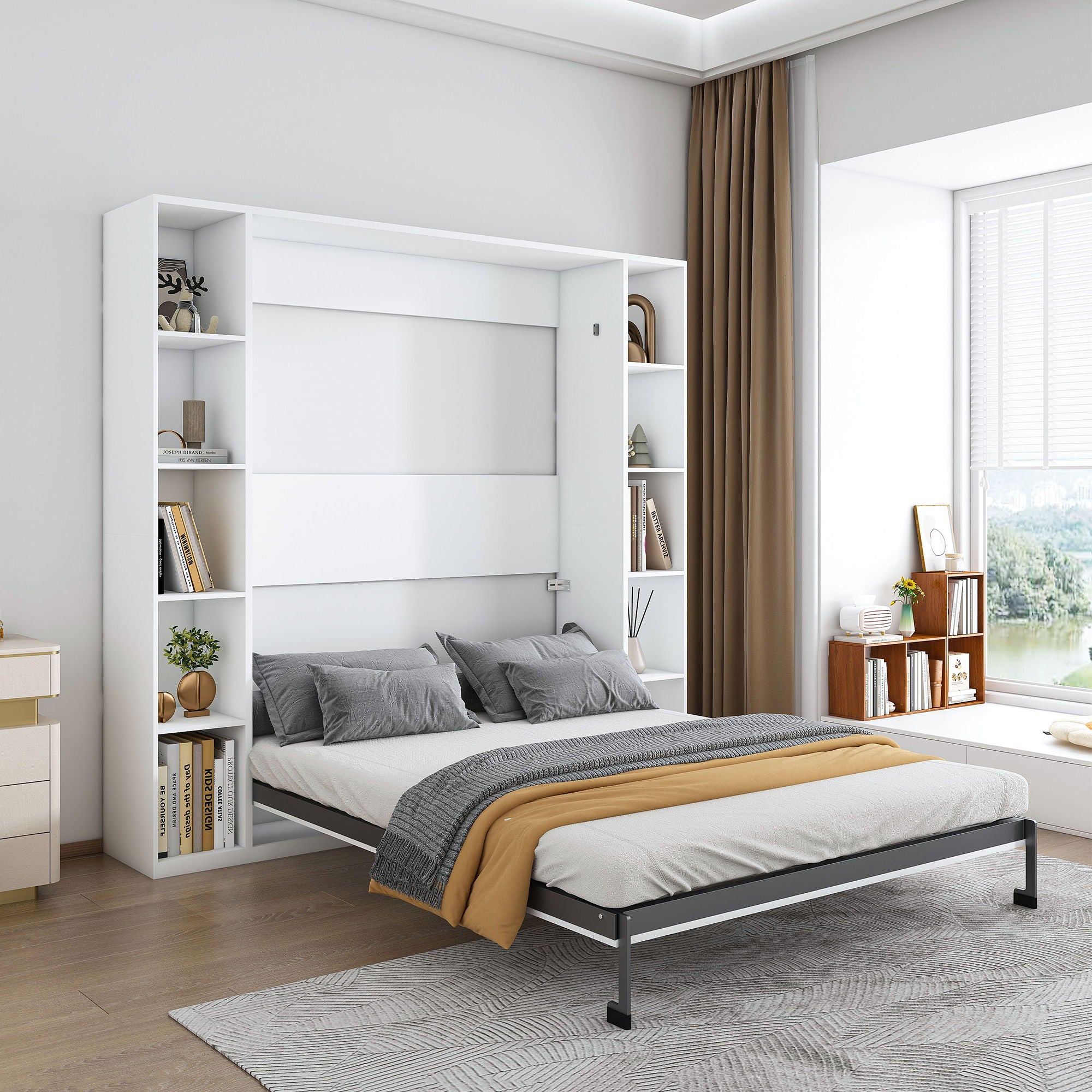 Queen Murphy Bed With Storage Cabinet, Foldable Wall Bed For Bedrooms - White