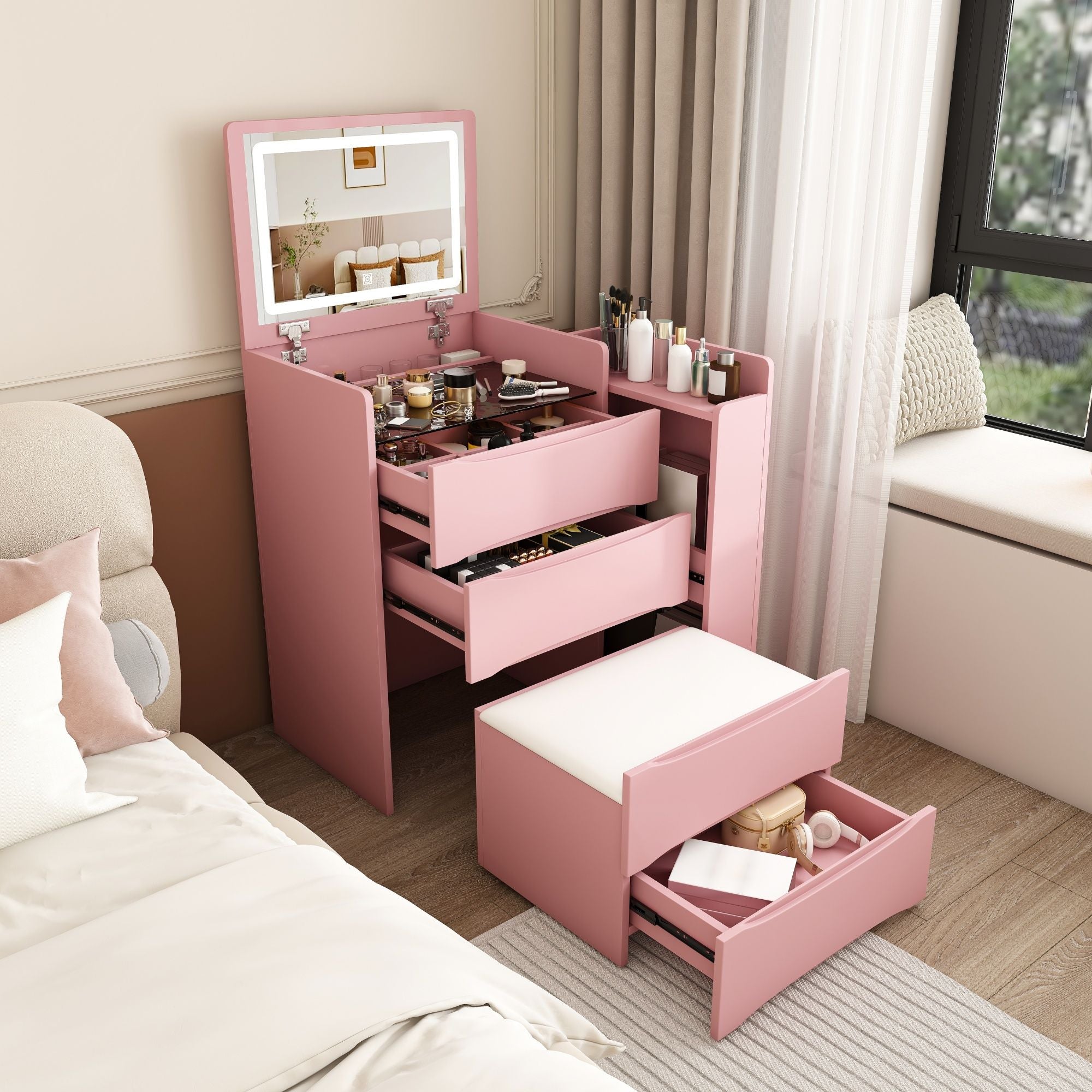 Flip Mirror Vanity Desk With Adjustable LED Lights & Stool For Bedroom