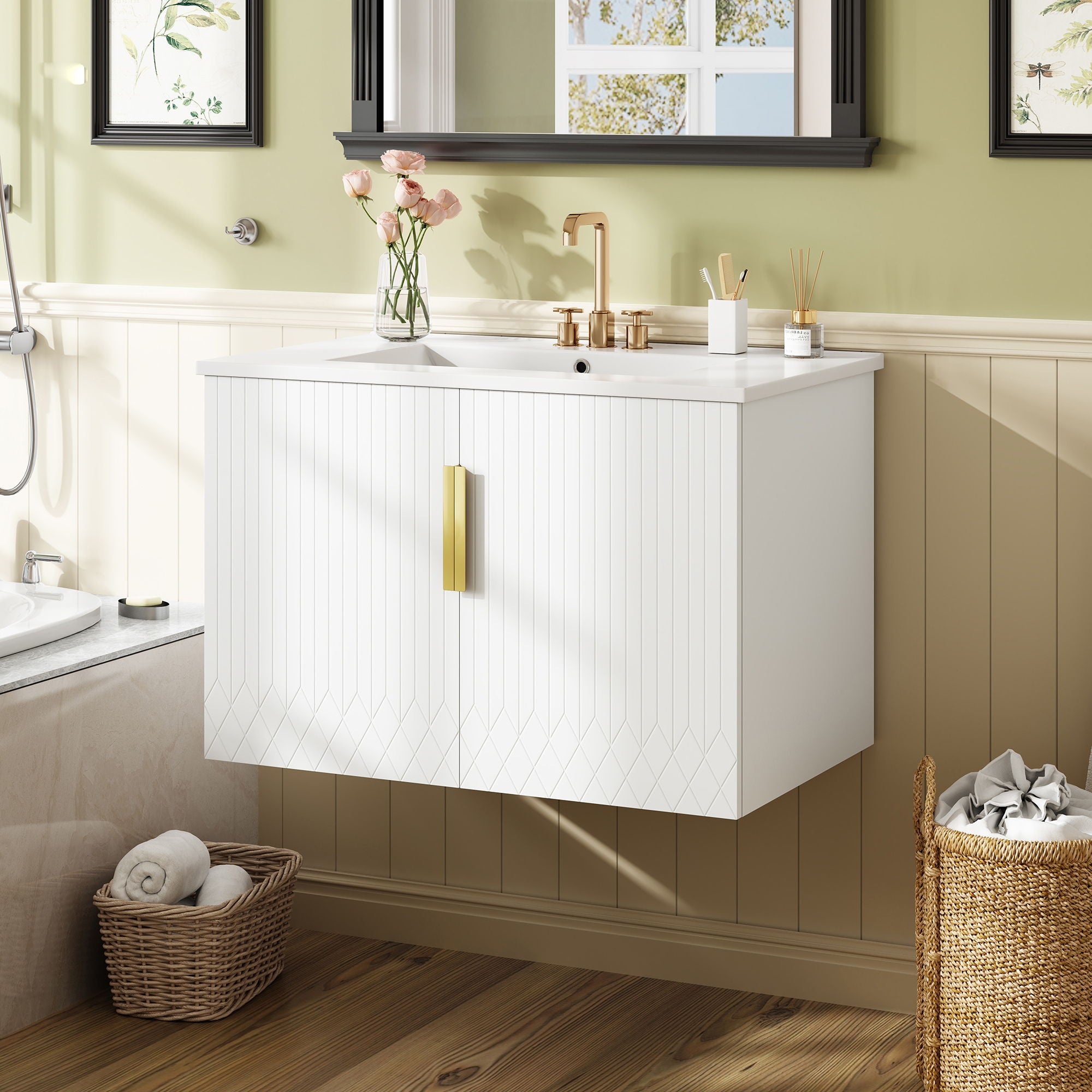 Bathroom Vanity With Sink, Rectangular Storage Cabinet With 2 Soft Closing Doors - White