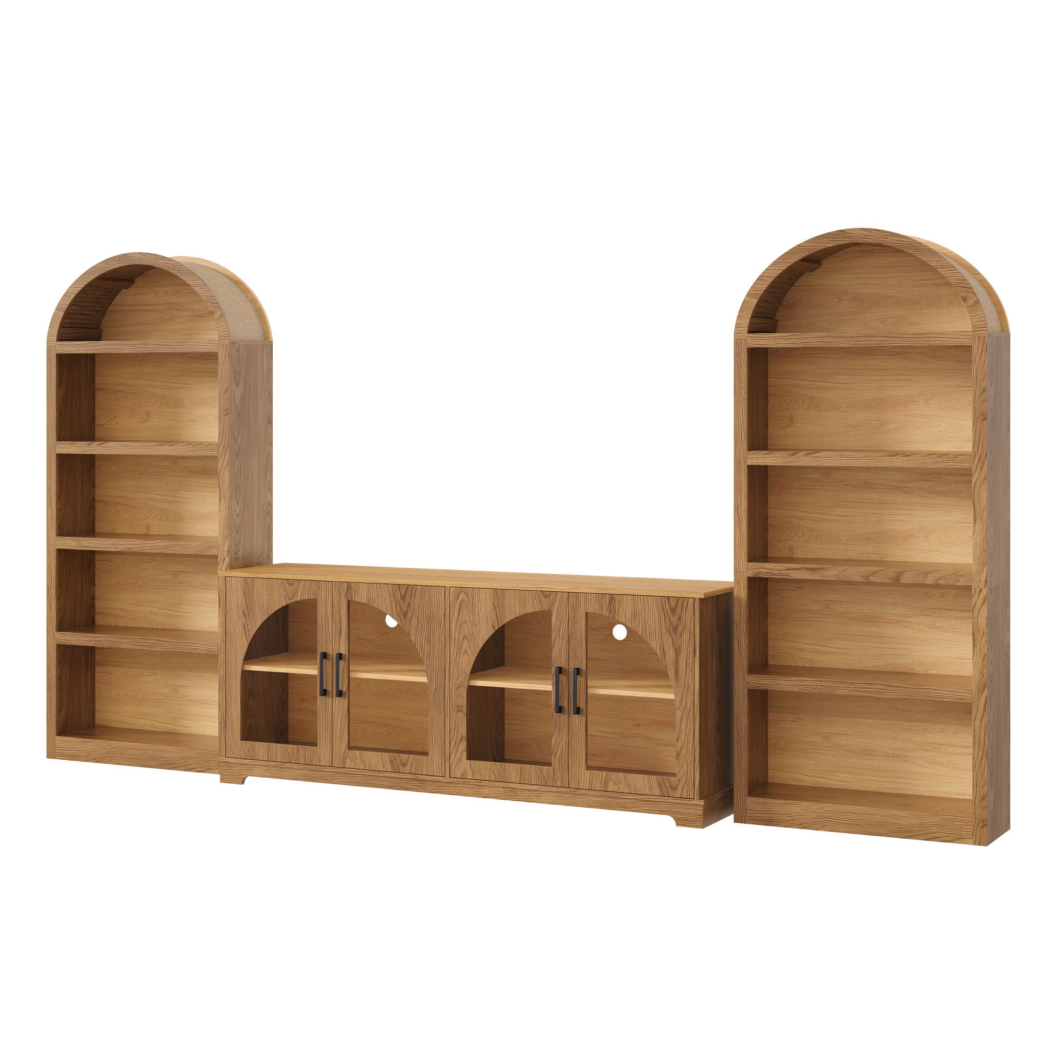 3 Piece TV Stand Set With Bookshelf With Arched Design For Living Room - Brown
