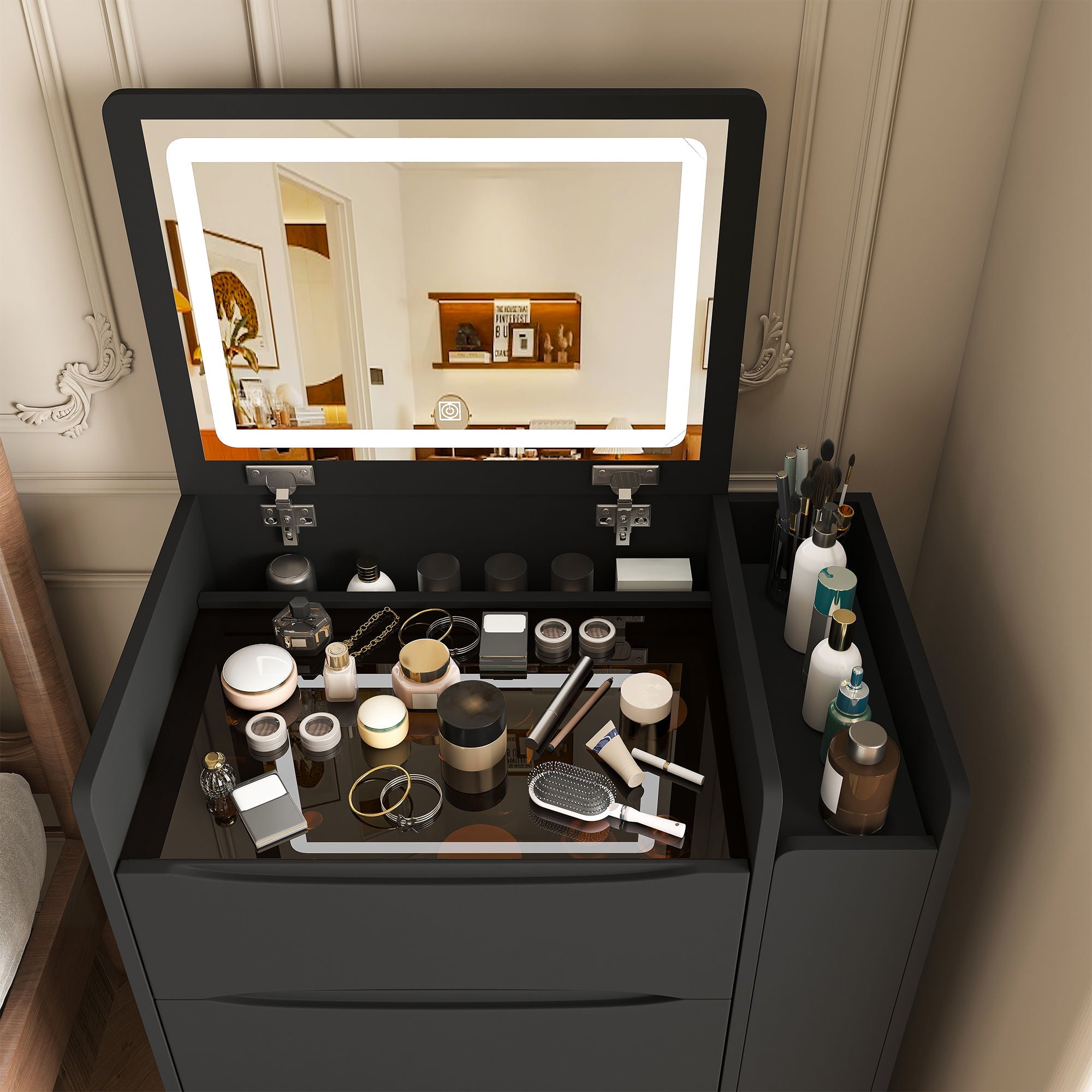 Flip Mirror Vanity Desk With Adjustable LED Lights & Stool For Bedroom