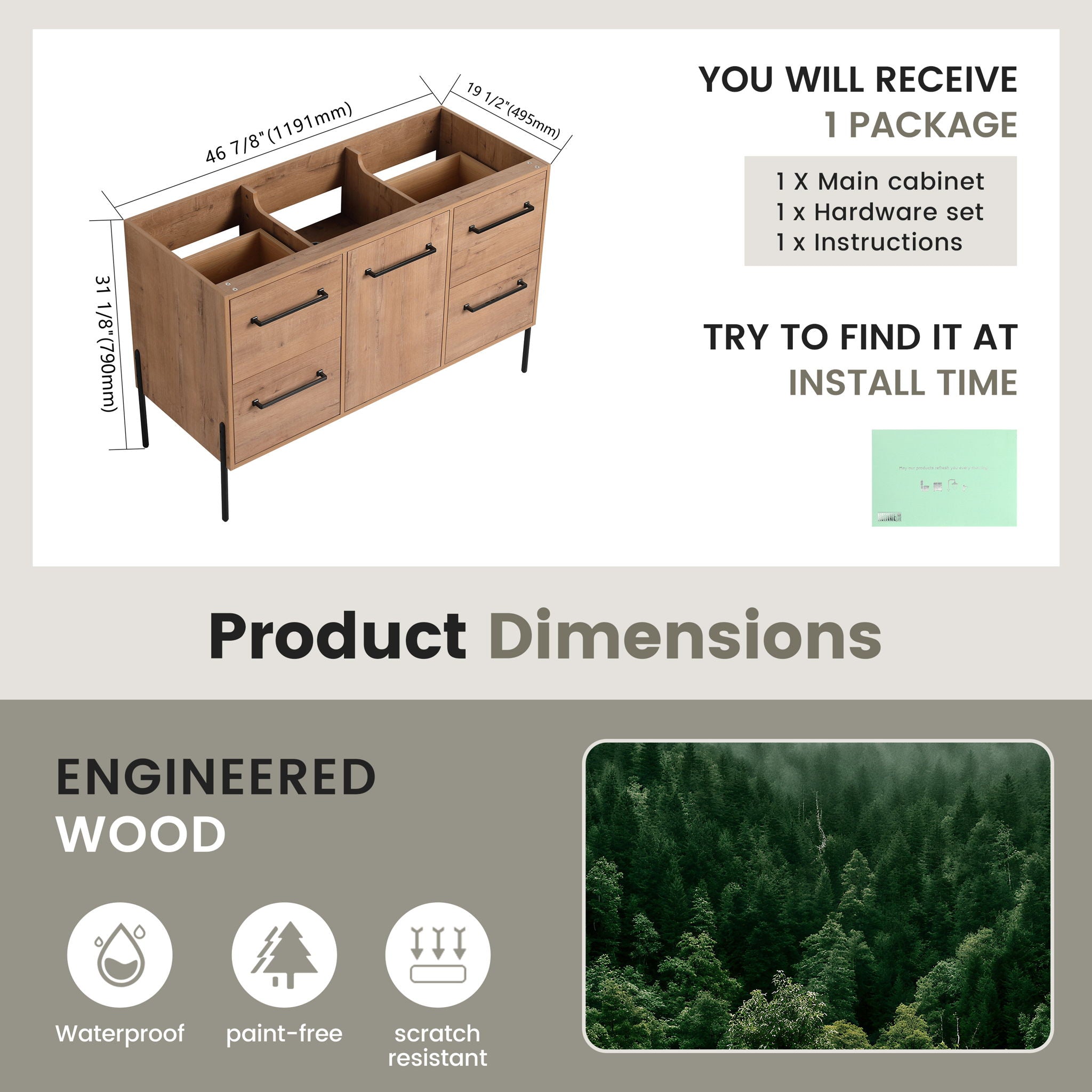 46" Freestanding Bathroom Vanity With Soft Close Doors And 4 Drawers, (Vanity Only) - Imitative Oak