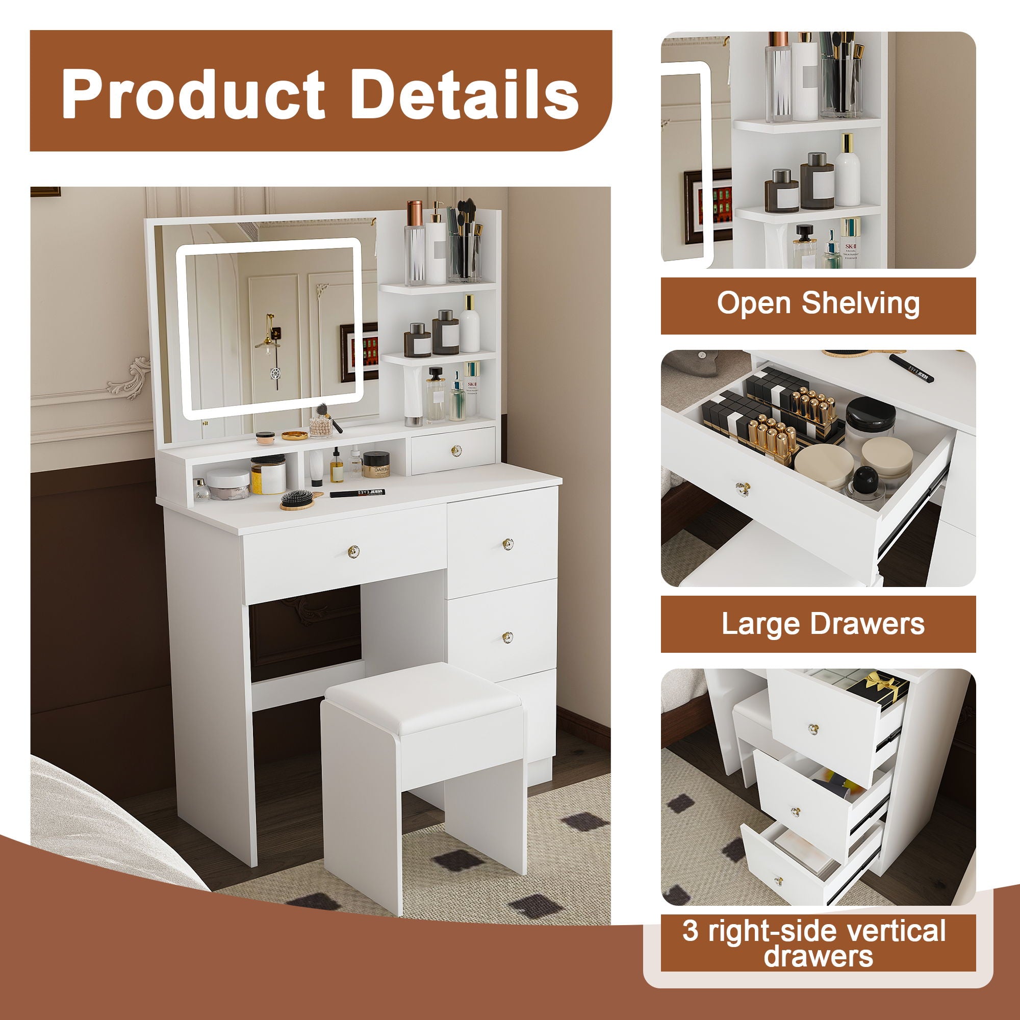 Vanity Desk With Mirror, 3 Color Lighting And Stool