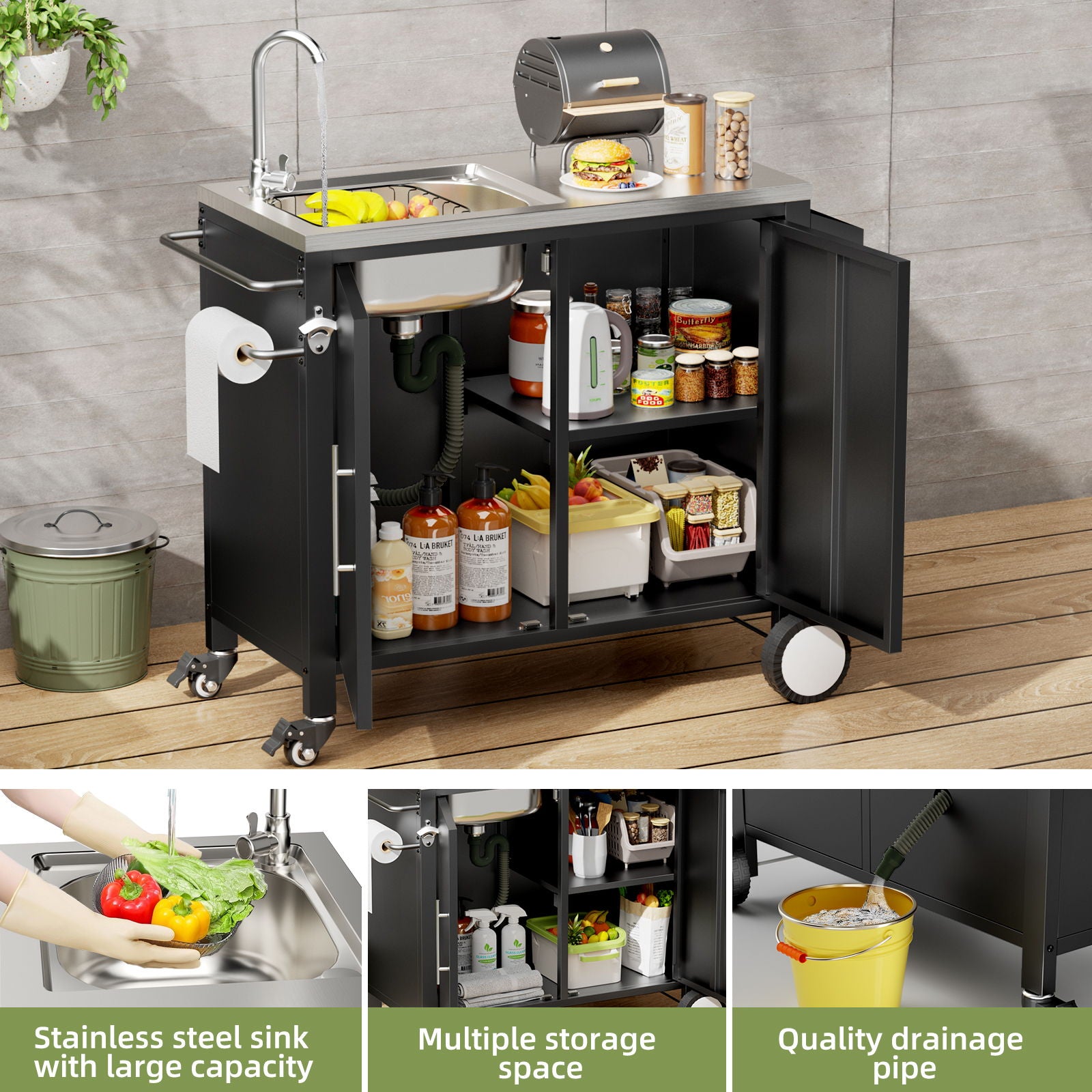 Outdoor Grill Table With Sink, Grill Cart With Sink And Cabinet With Wheels - Black / Silver