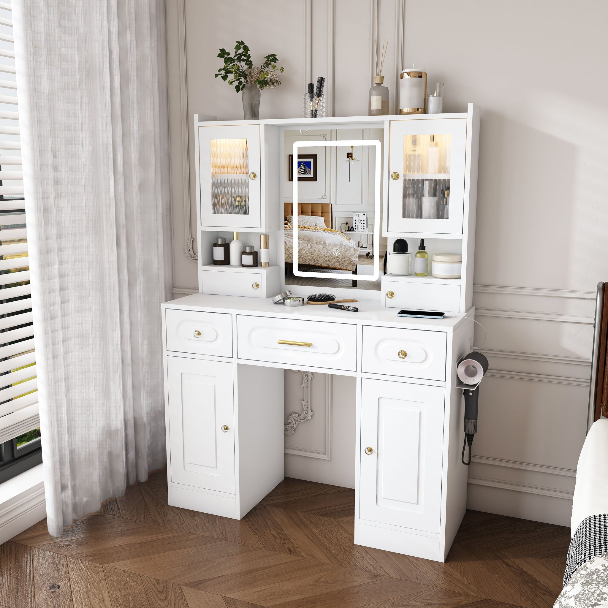 Large Vanity Table Set With Mirror, 6 Drawers & Shelves, Power Socket, Hair Dryer Holder, Cabinet Light, Dressing Desk - White