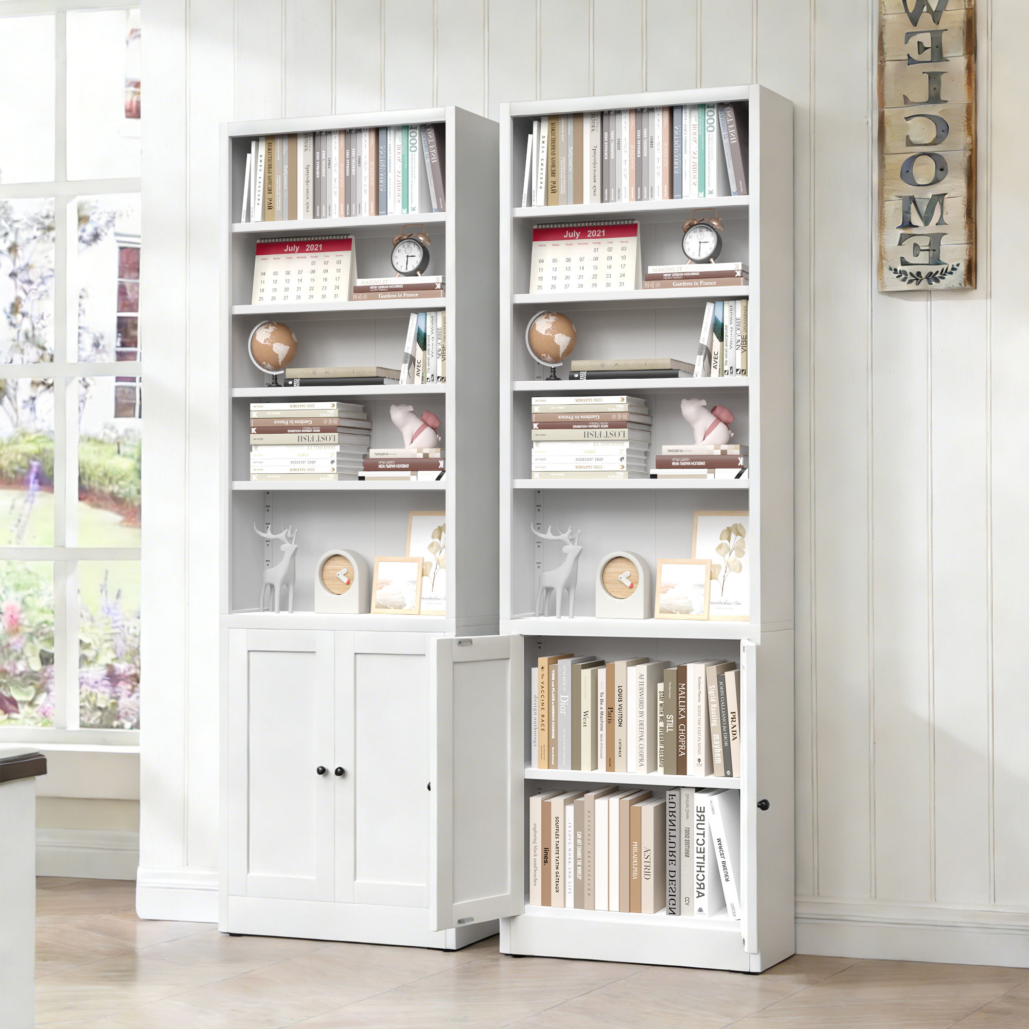 Bookcase Tall 5-Tier Adjustable Storage Shelf With Door Deep - White