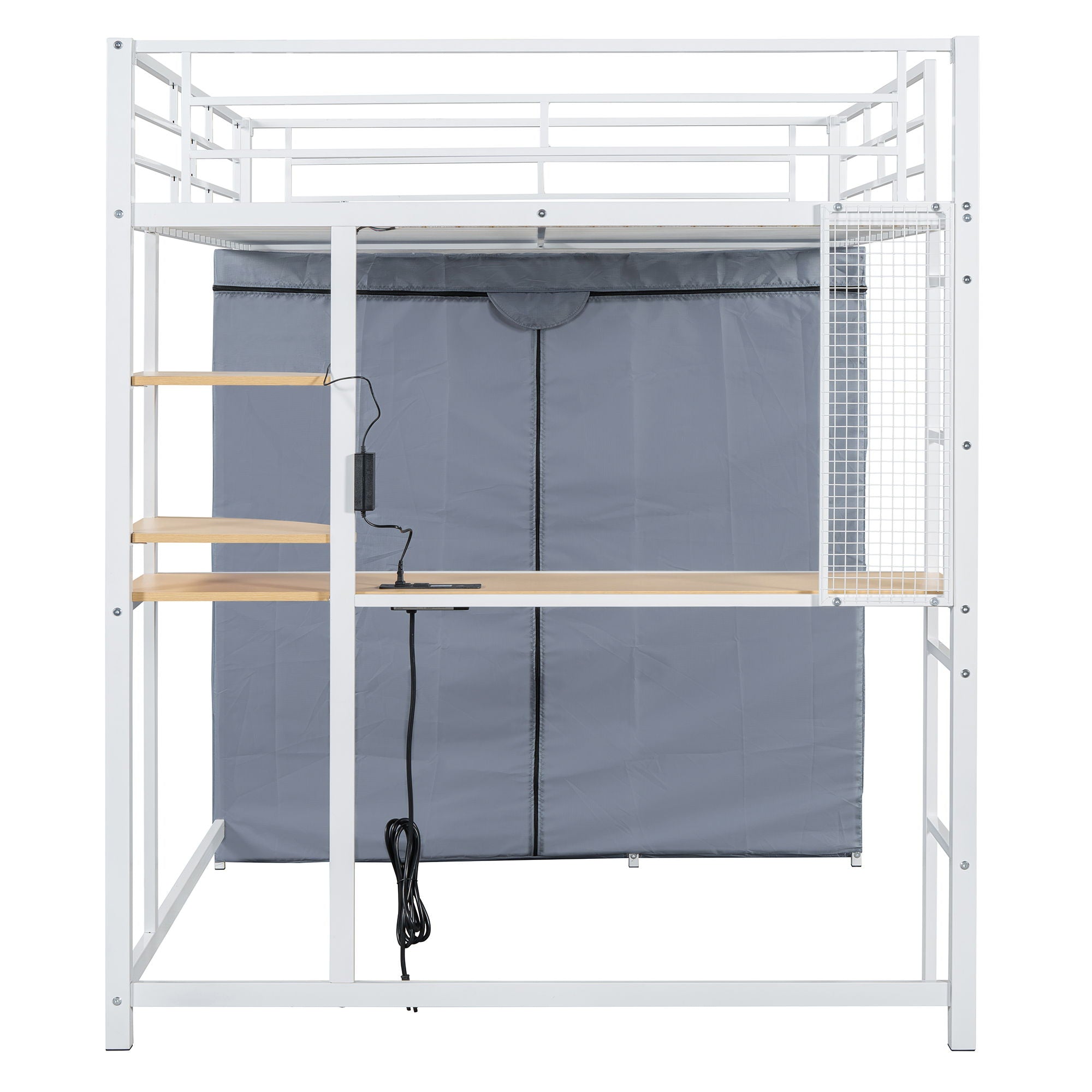 Full Size Loft Bed With Desk, Shelves, Power Outlet, LED Light And Wardrobe - White