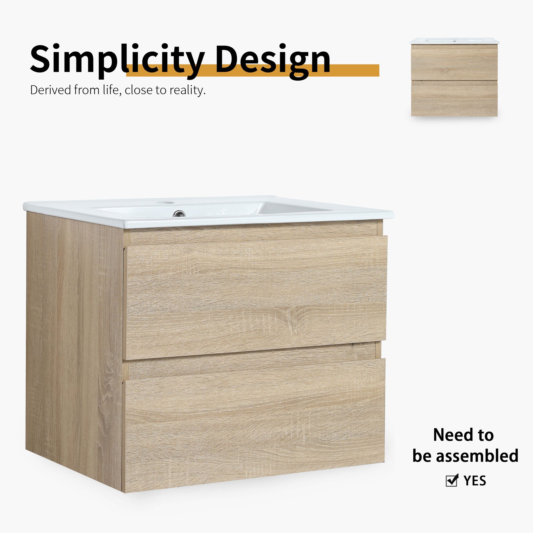 Wall Mounted Bathroom Vanity & Sink, 2 Soft Close Drawers