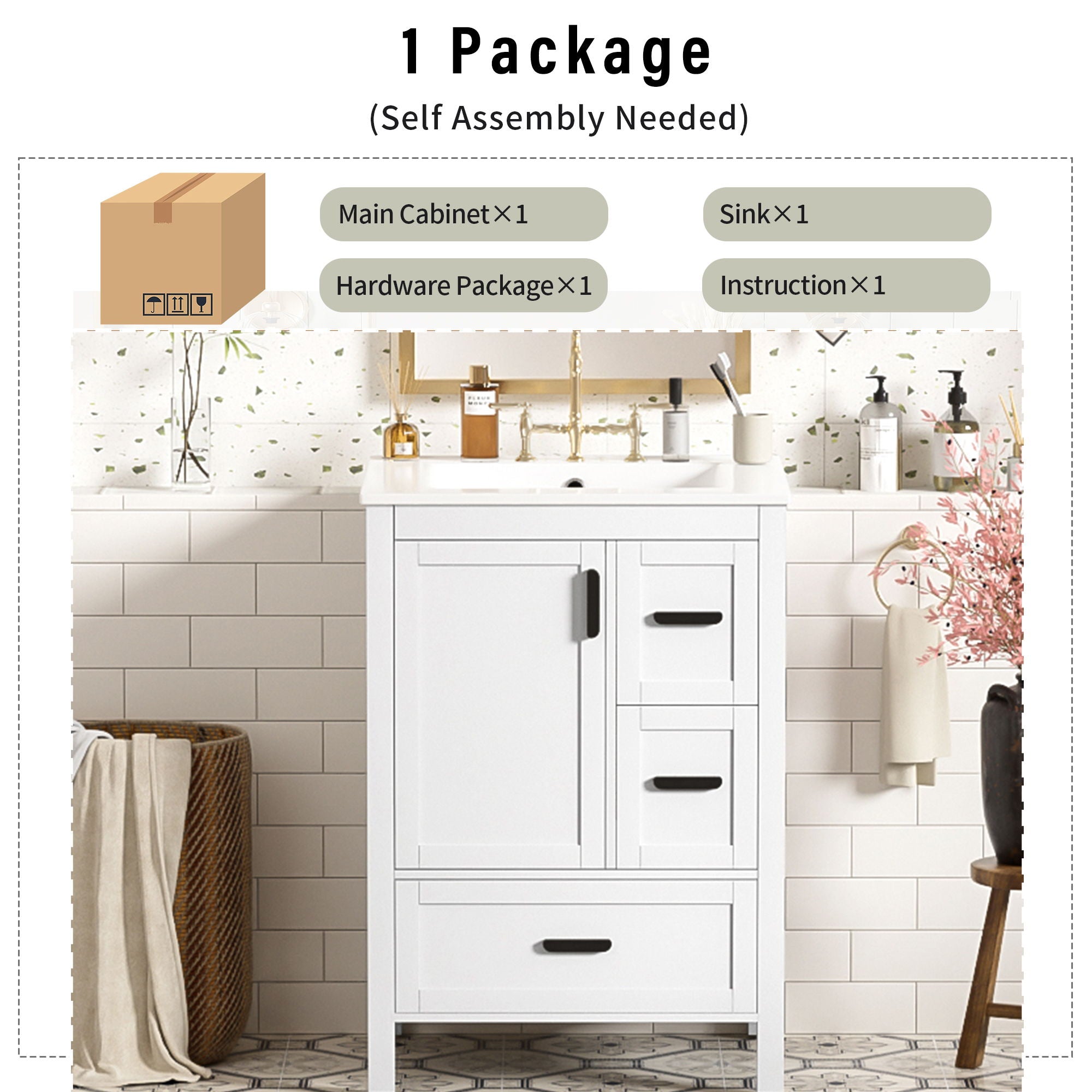 Bathroom Vanity With Sink, Soft-Close Doors, Double-Layer Shelf And 3 Drawers