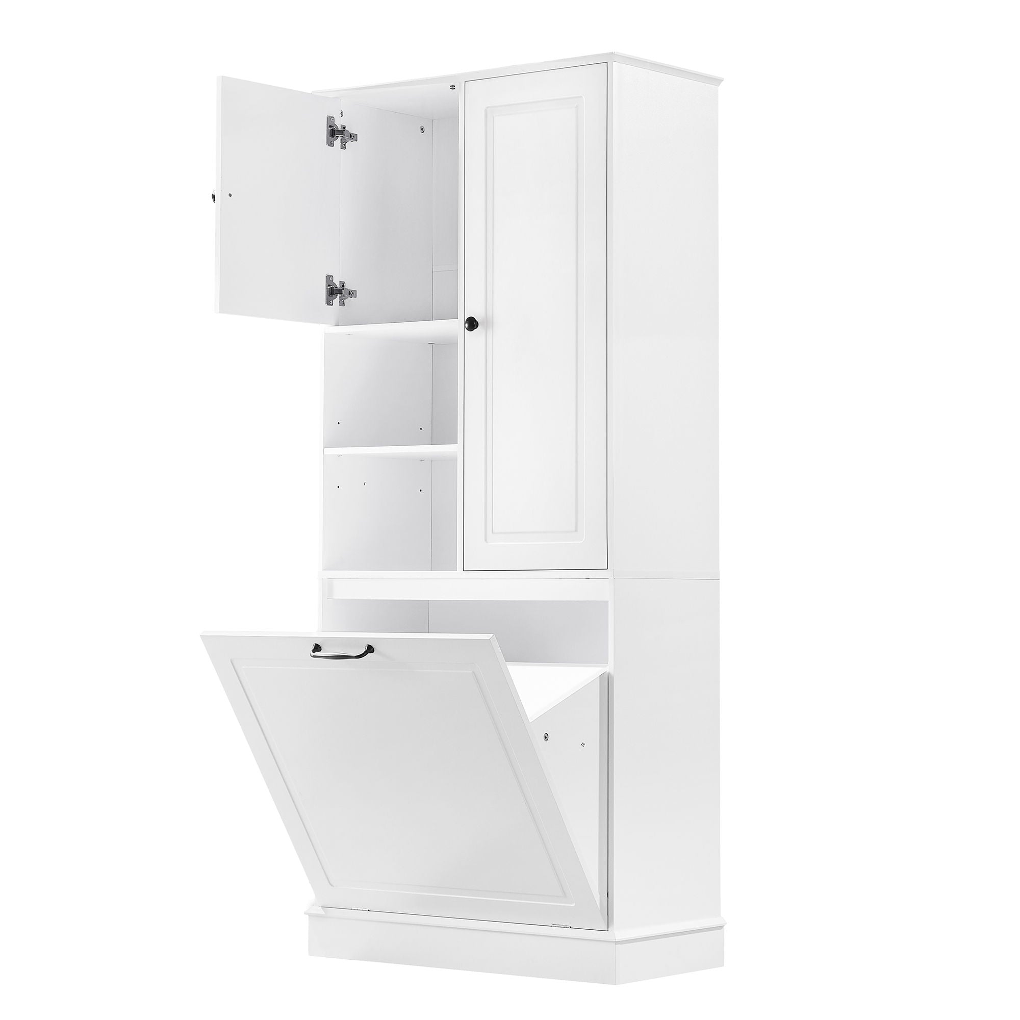 Modern Tall Storage Cabinet With Adjustable Shelves, Flip-Out Basket & Enclosed Doors