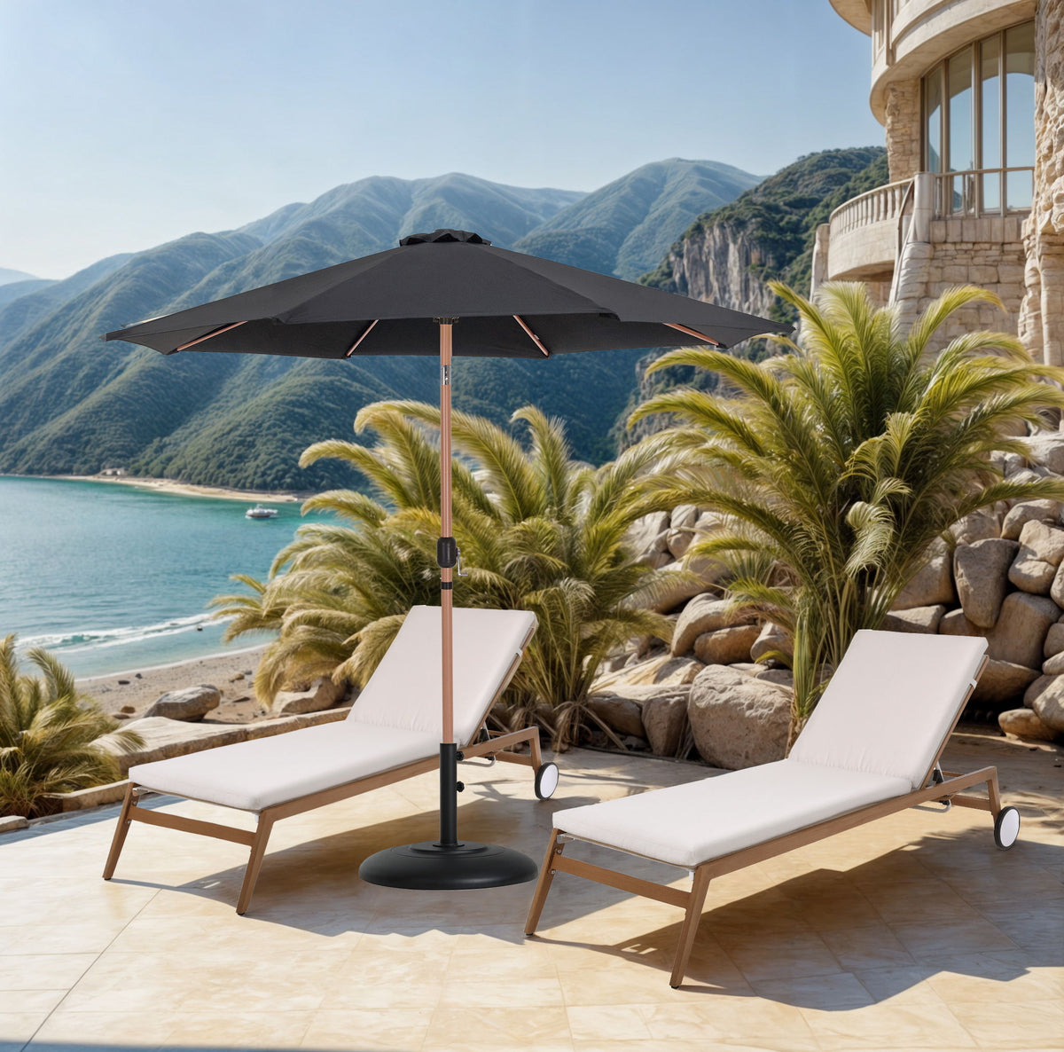 Fiji - Aluminum Patio Umbrella With Round Black And Teak Base