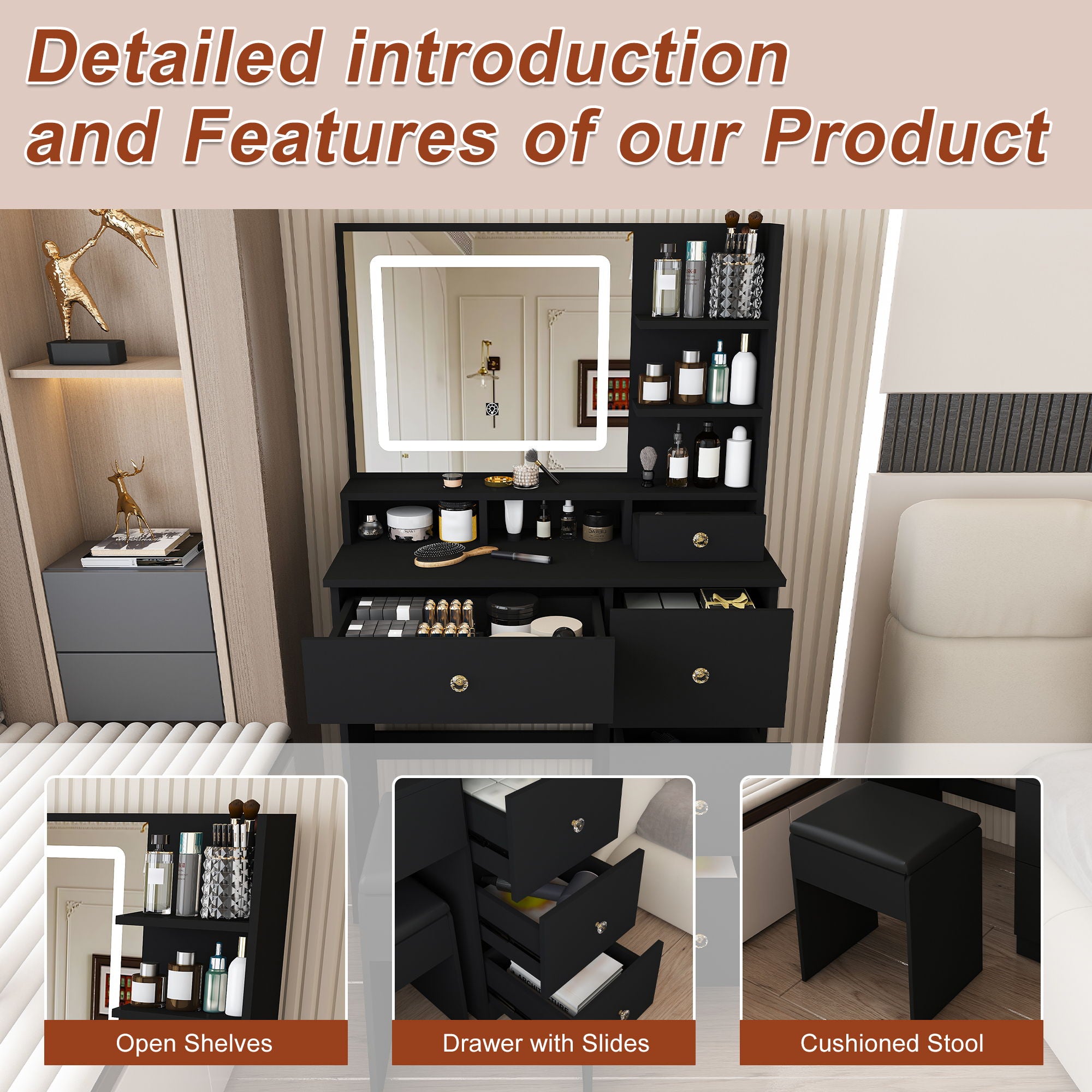 Vanity Desk With Mirror, 3 Color Lighting And Stool