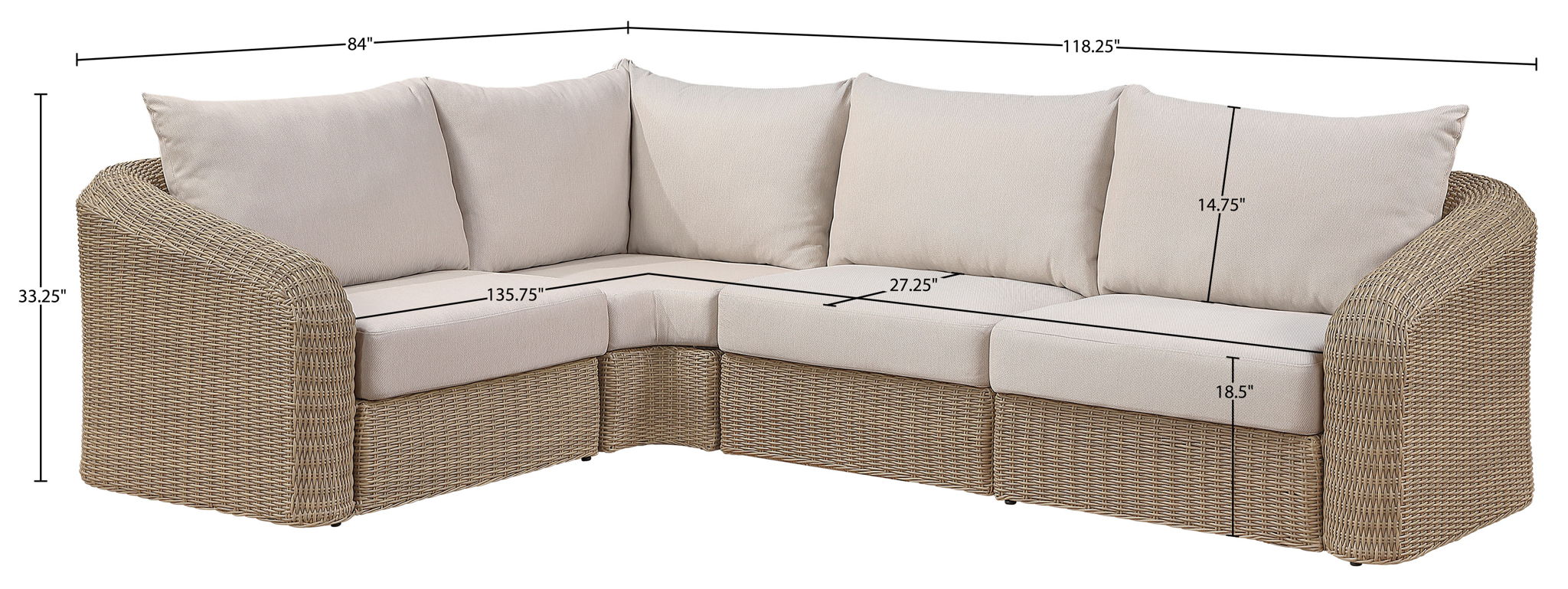 Seacrest - Olefin Water Resistant Fabric And Wicker 4 Piece Outdoor Patio Modular Sectional