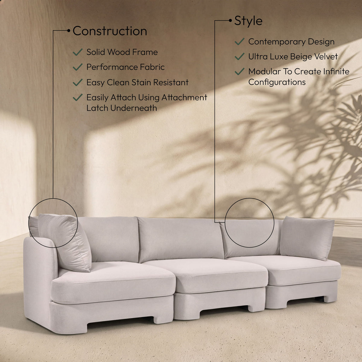 Hammond - Velvet Performance Fabric Upholstered 3 Piece Sofa