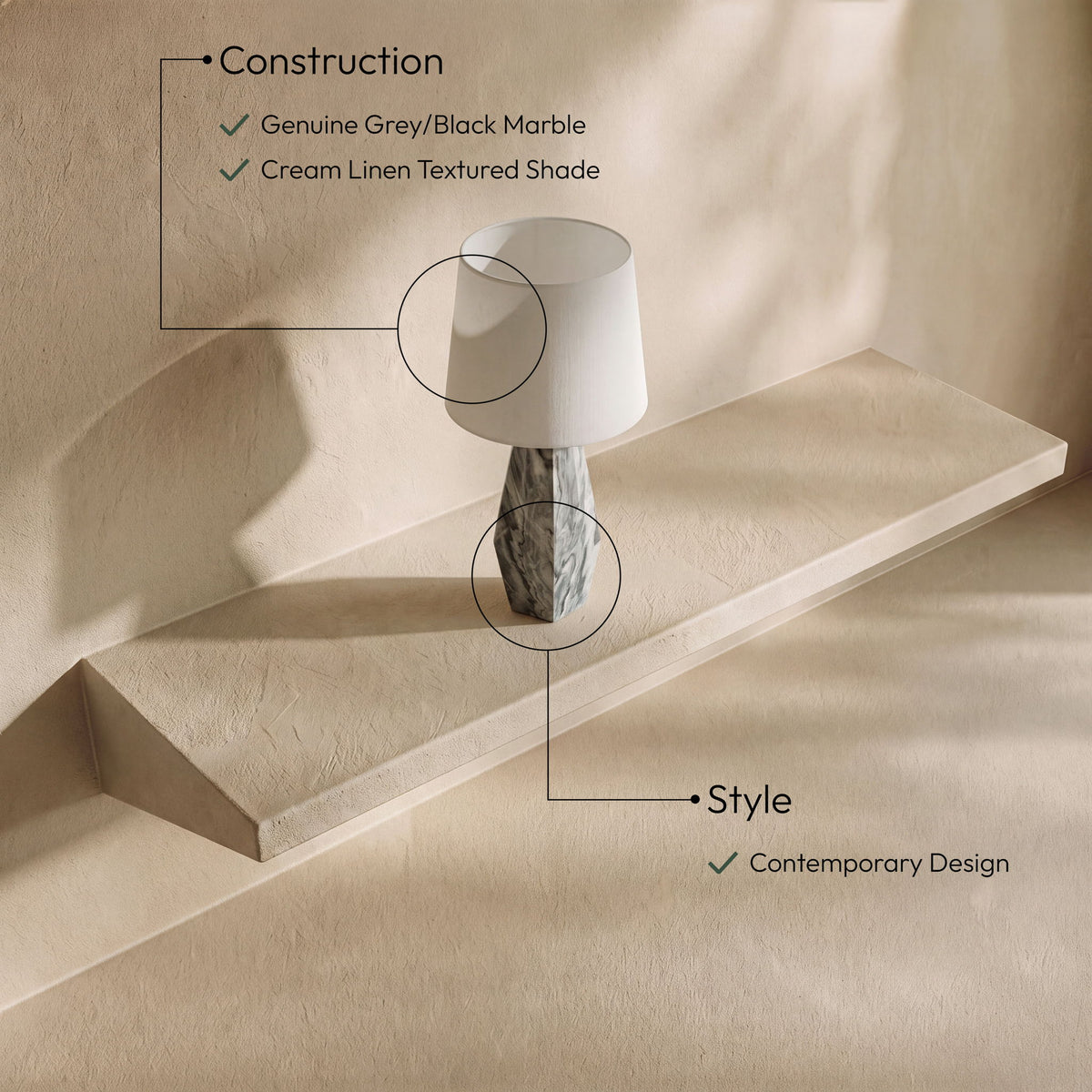 Seraphine - Genuine Marble And Linen Textured Fabric Table Lamp