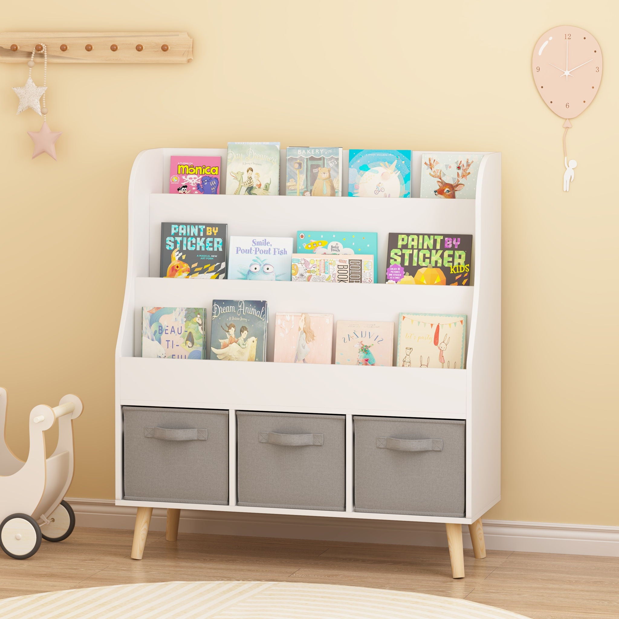 Bookshelf With 3 Bins, Storage Shelf For Toys And Books
