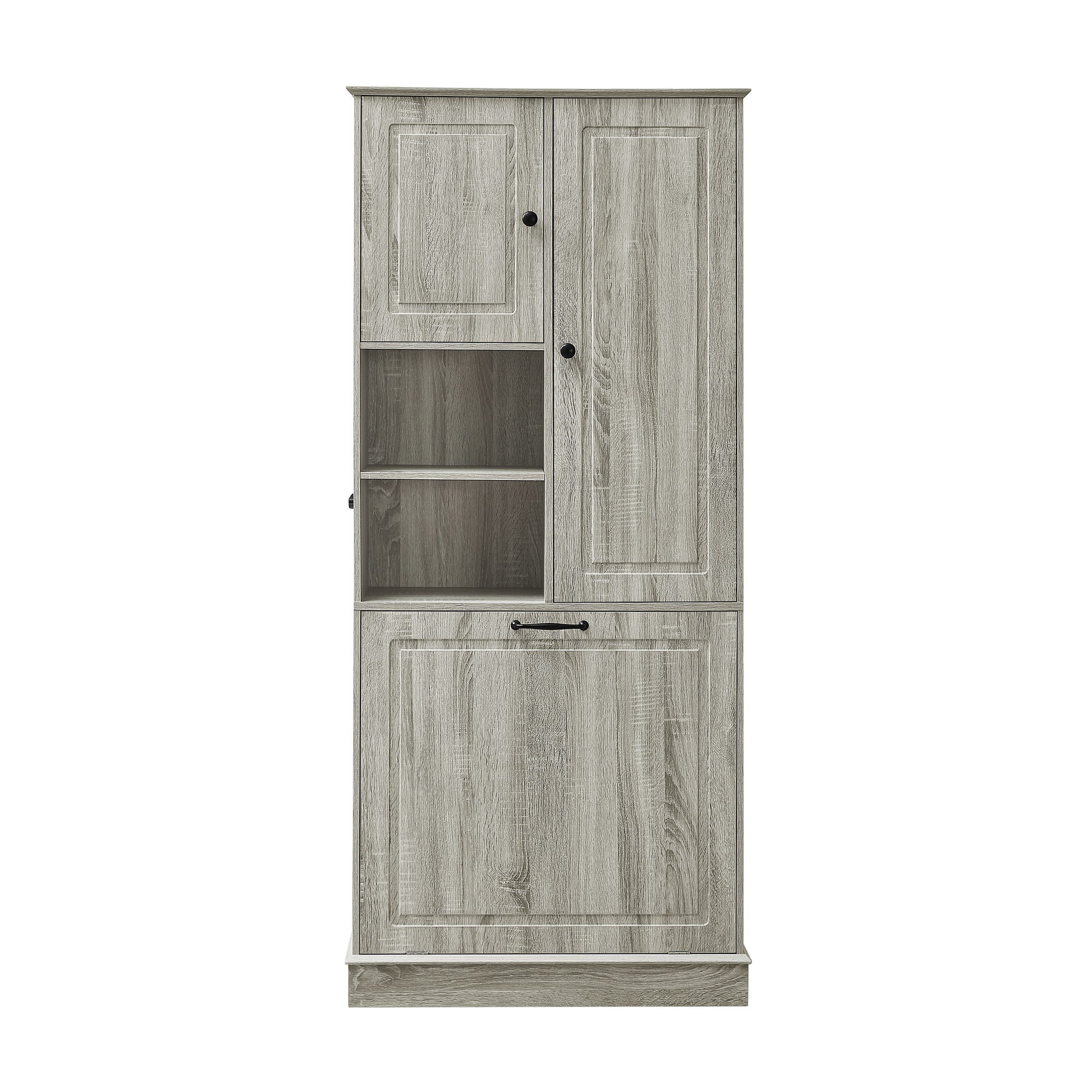 Modern Tall Storage Cabinet With Adjustable Shelves, Flip-Out Basket & Enclosed Doors
