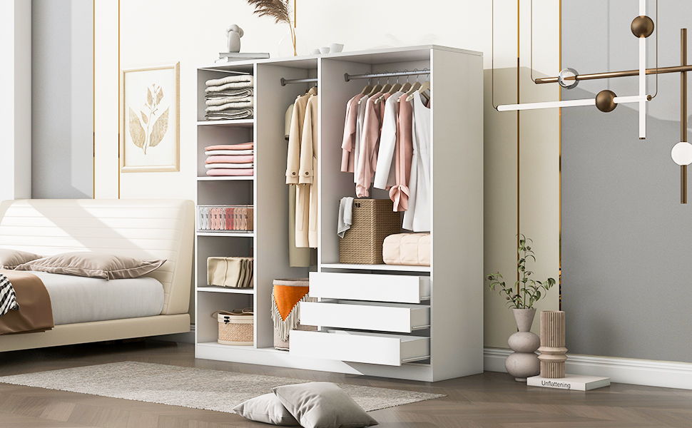 Doorless Storage Wardrobe For Dedroom With Shelves And 3 Drawers - White
