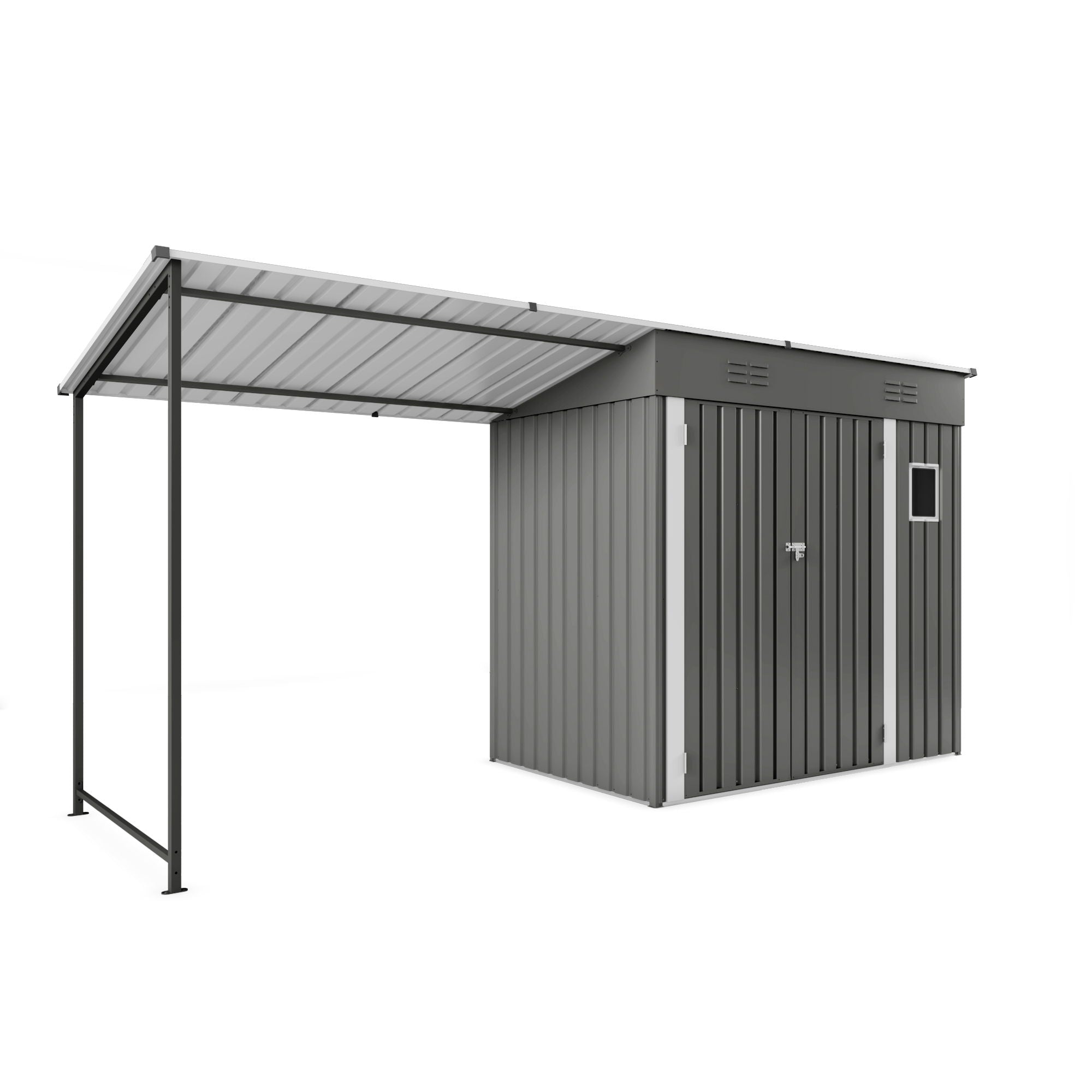 Lean To Shed With Open Sided Pergola, Outdoor Storage Shed & Attached Hardtop Gazebo Combo - Gray