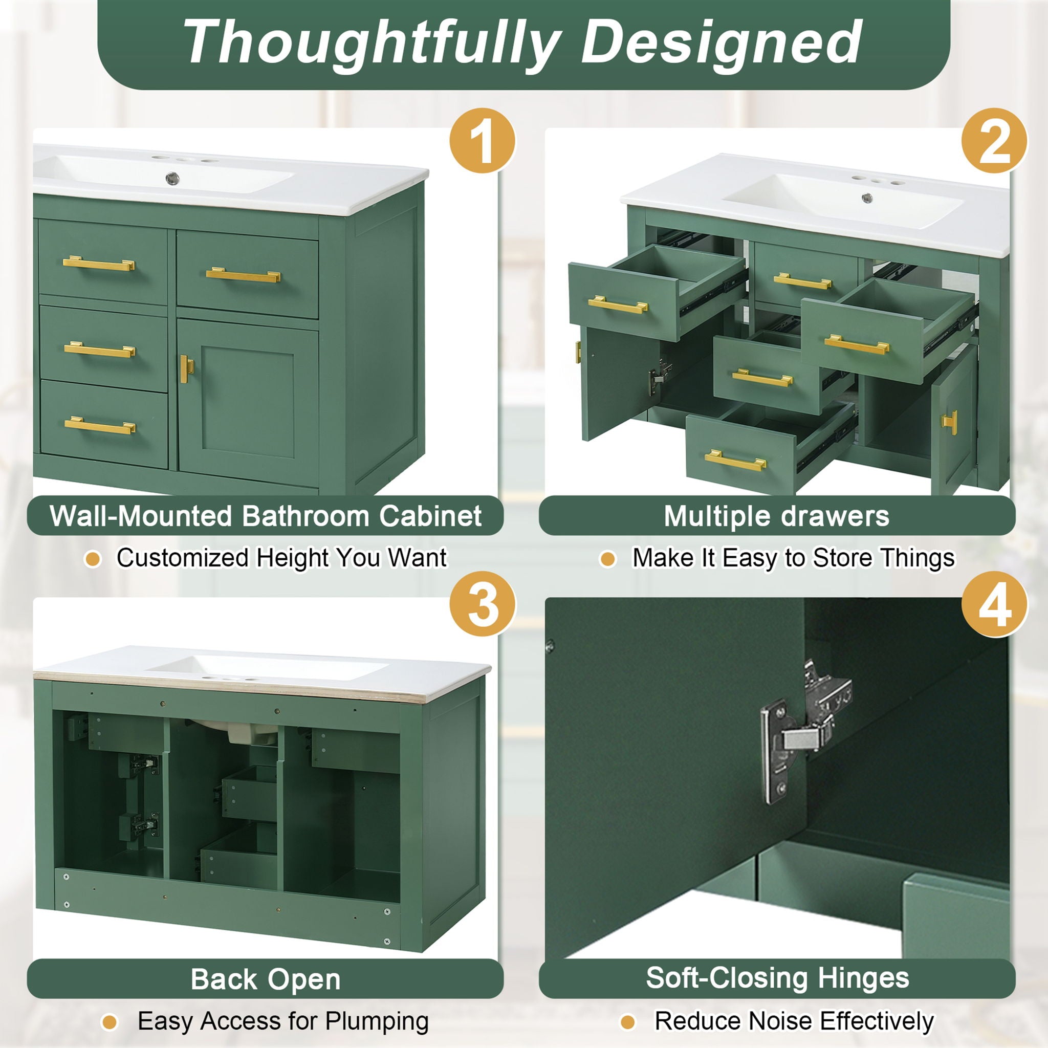 Wall Mounted Bathroom Cabinet With Sink, Multiple Drawers And Doors - Green