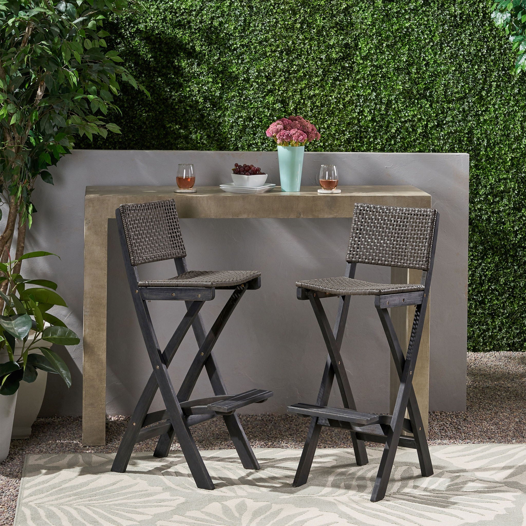 Outdoor Folding Acacia Wood Barstools With Rattan Backrest And Seat, (Set of 2) - Dark Gray