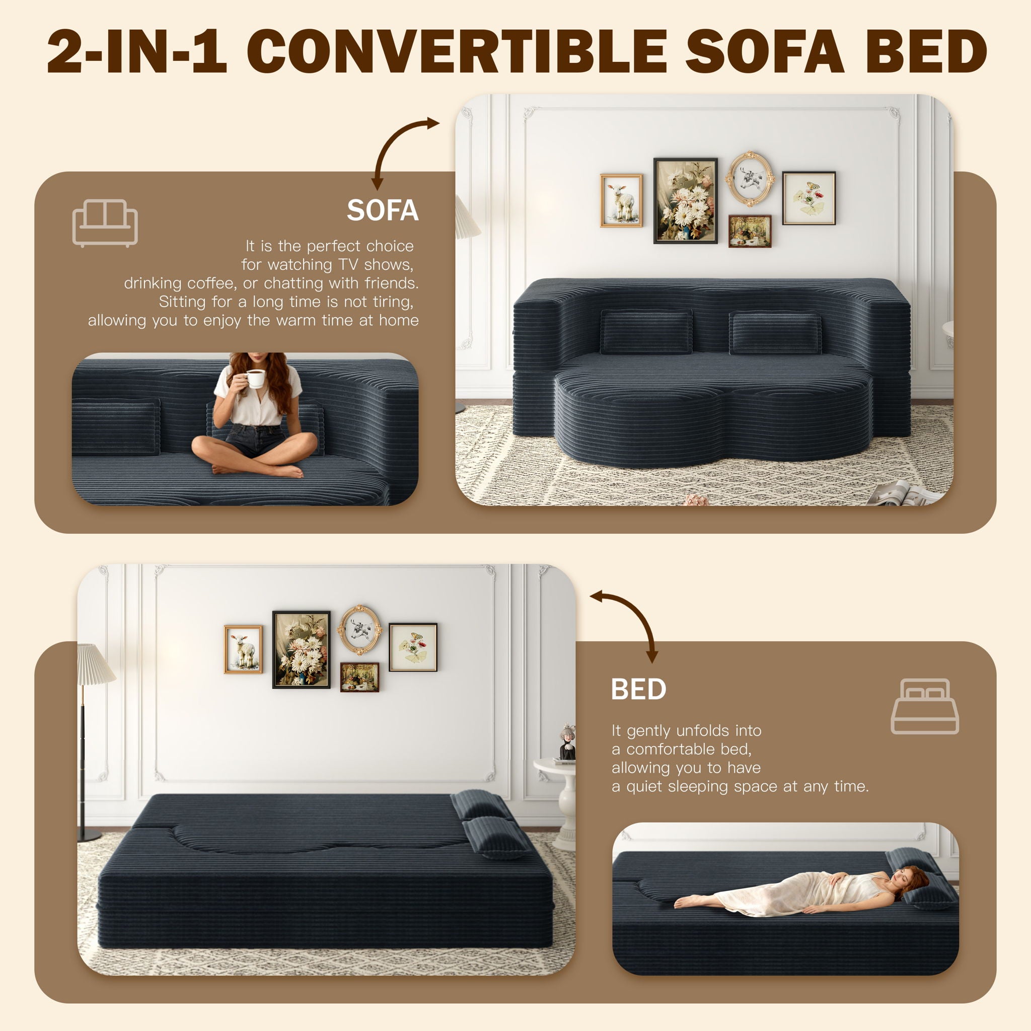 Modern Floor Sofa With 2 Pillows, Convertible Twin Size Folding Mattress For Living Room