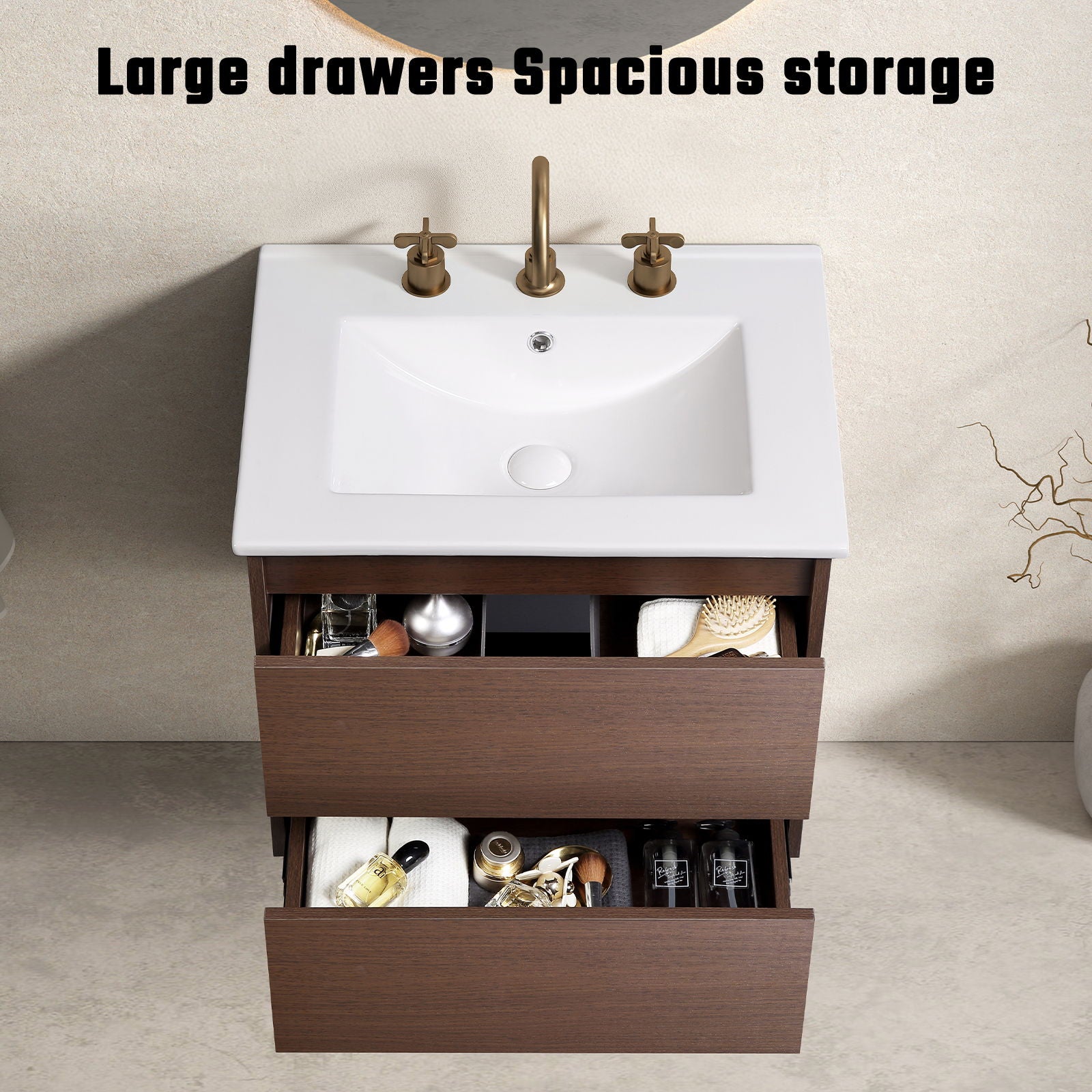 Bathroom Vanity With Basin Wall Hang Storage - Brown / Brown / White