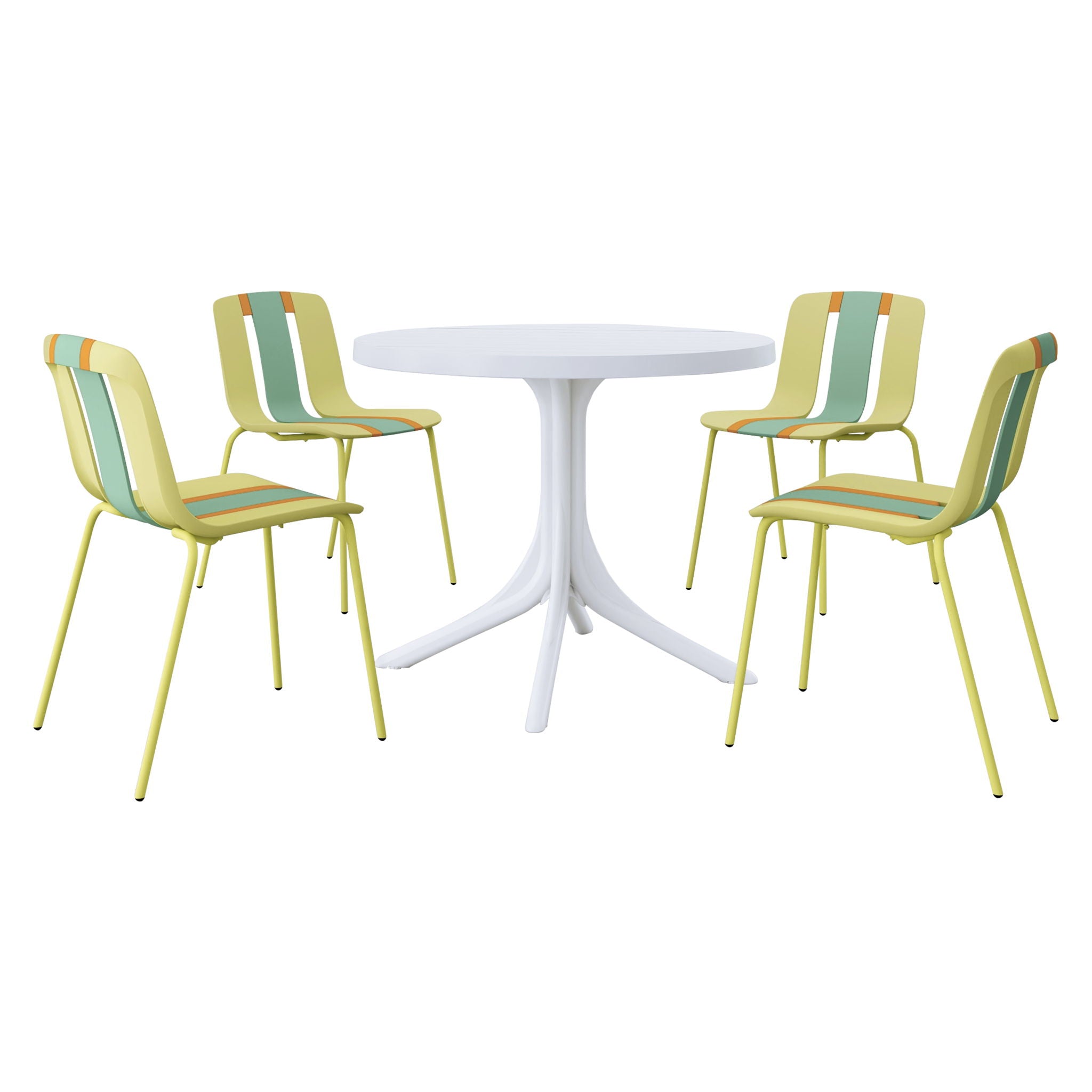 4 Piece Set Of Color Block Designed Single Chairs With Round Table - Grain Yellow / Haze Green / Tropical Orange / White