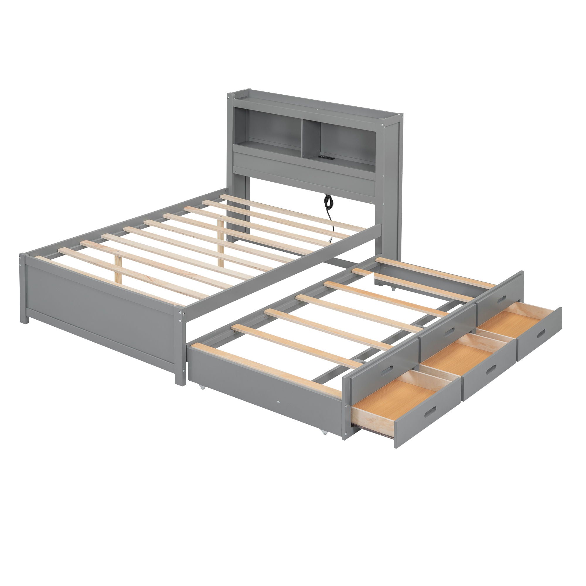 Platform Bed With Trundle, Drawers, USB Ports And Built In Shelves