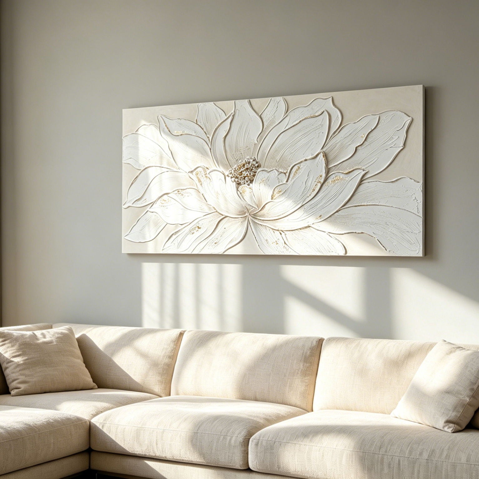 Lotus Flower Canvas Wall Art, Hand Painted Textured Floral Painting - Antique White