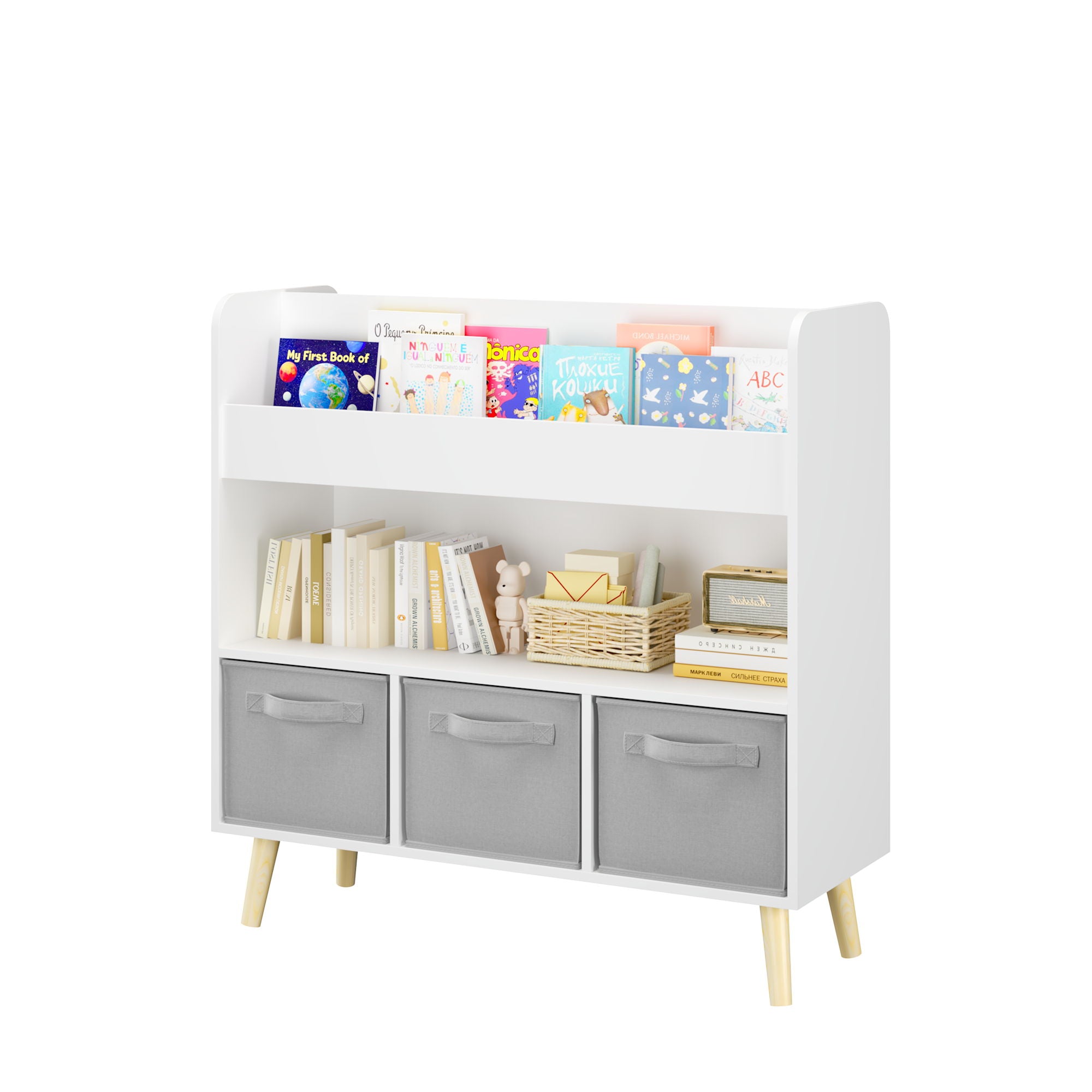 Bookshelf With 3 Bins, Storage Shelf For Toys And Books