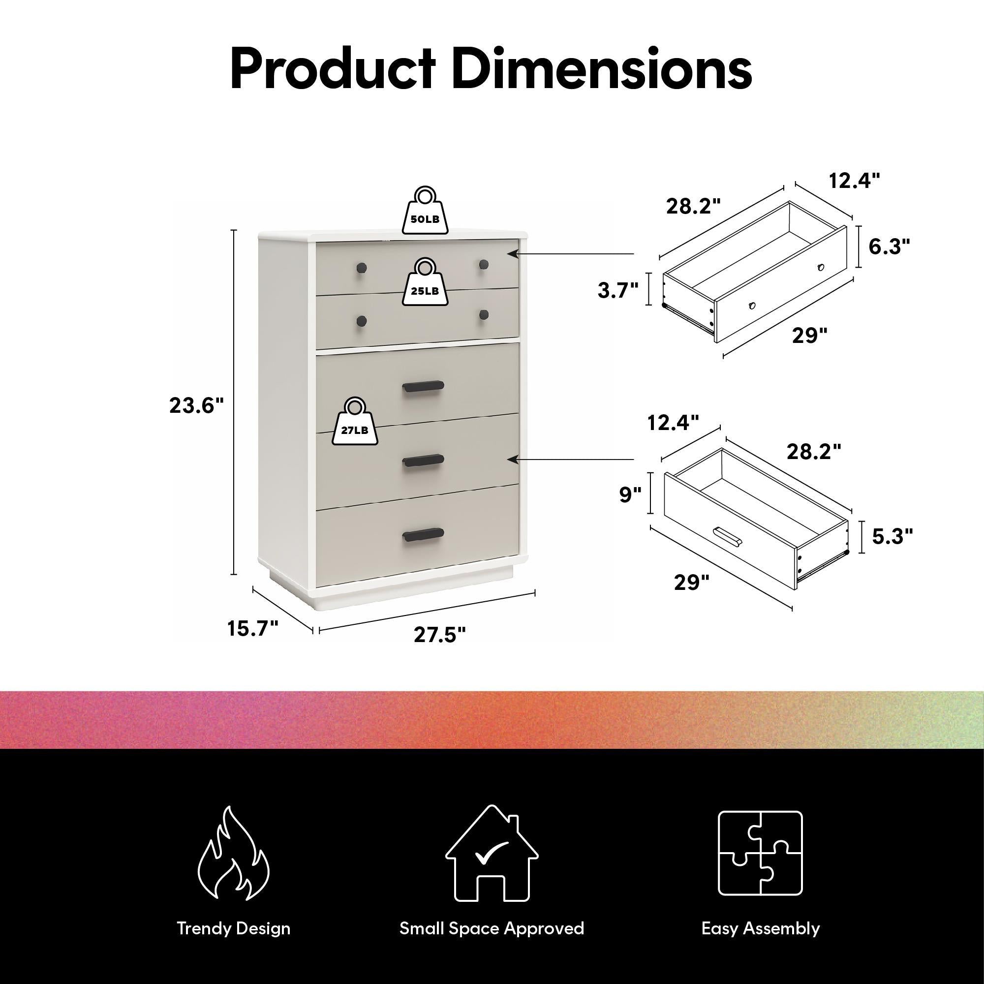 Valencia - 5 Drawer Dresser - White / Gray