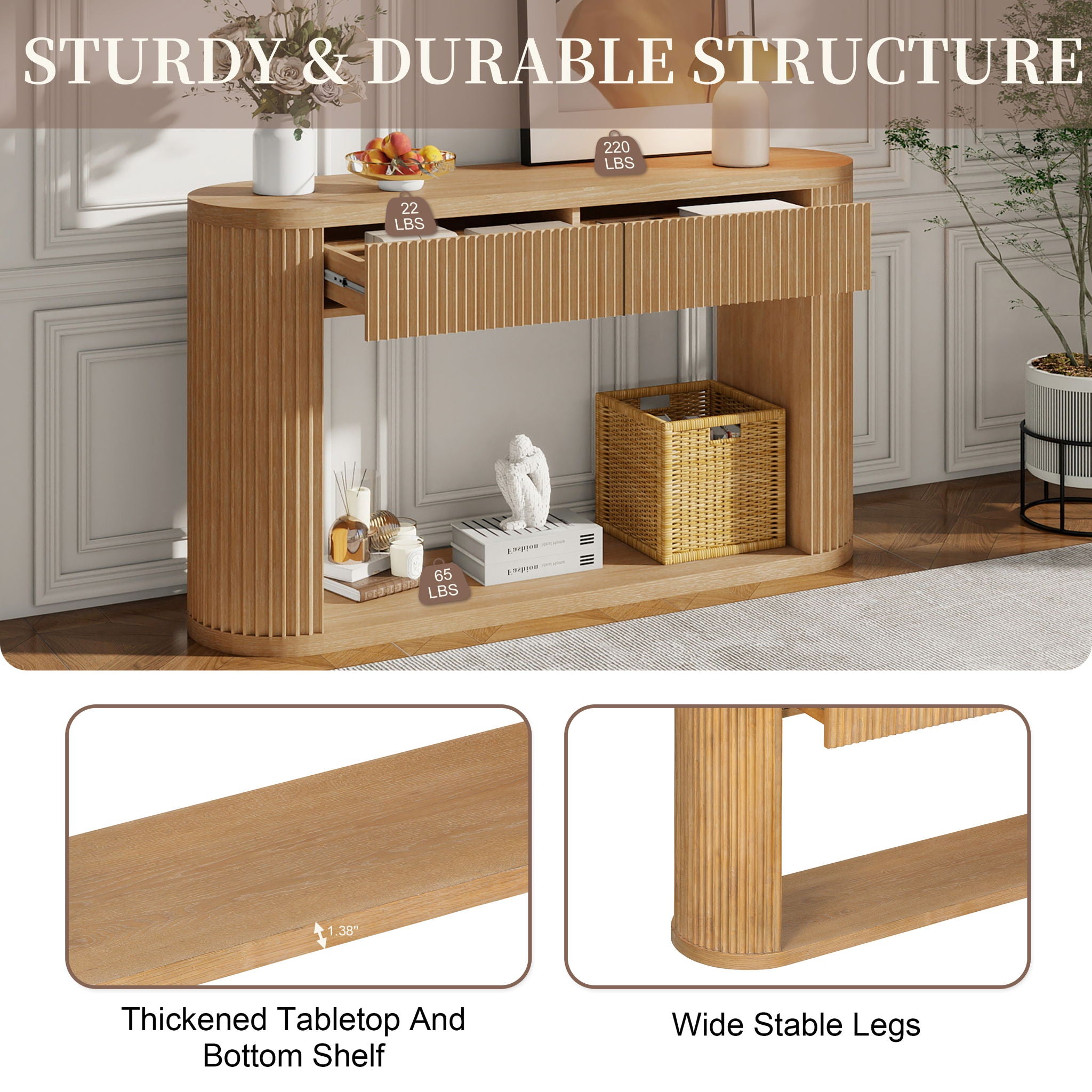 Oval Fluted Console Table With 2 Drawers And Bottom Shelf
