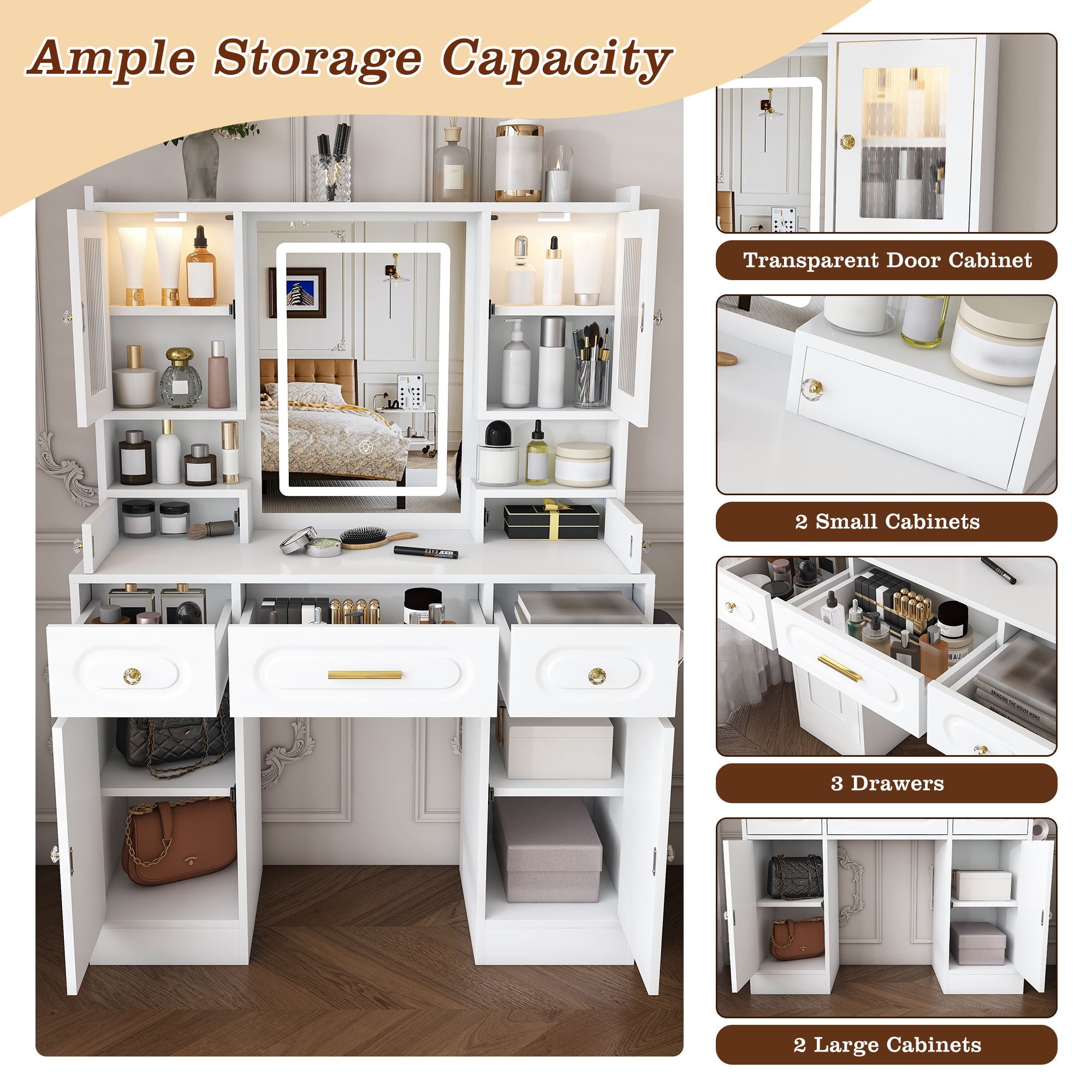 Large Vanity Table Set With Mirror, 6 Drawers & Shelves, Power Socket, Hair Dryer Holder, Cabinet Light, Dressing Desk - White