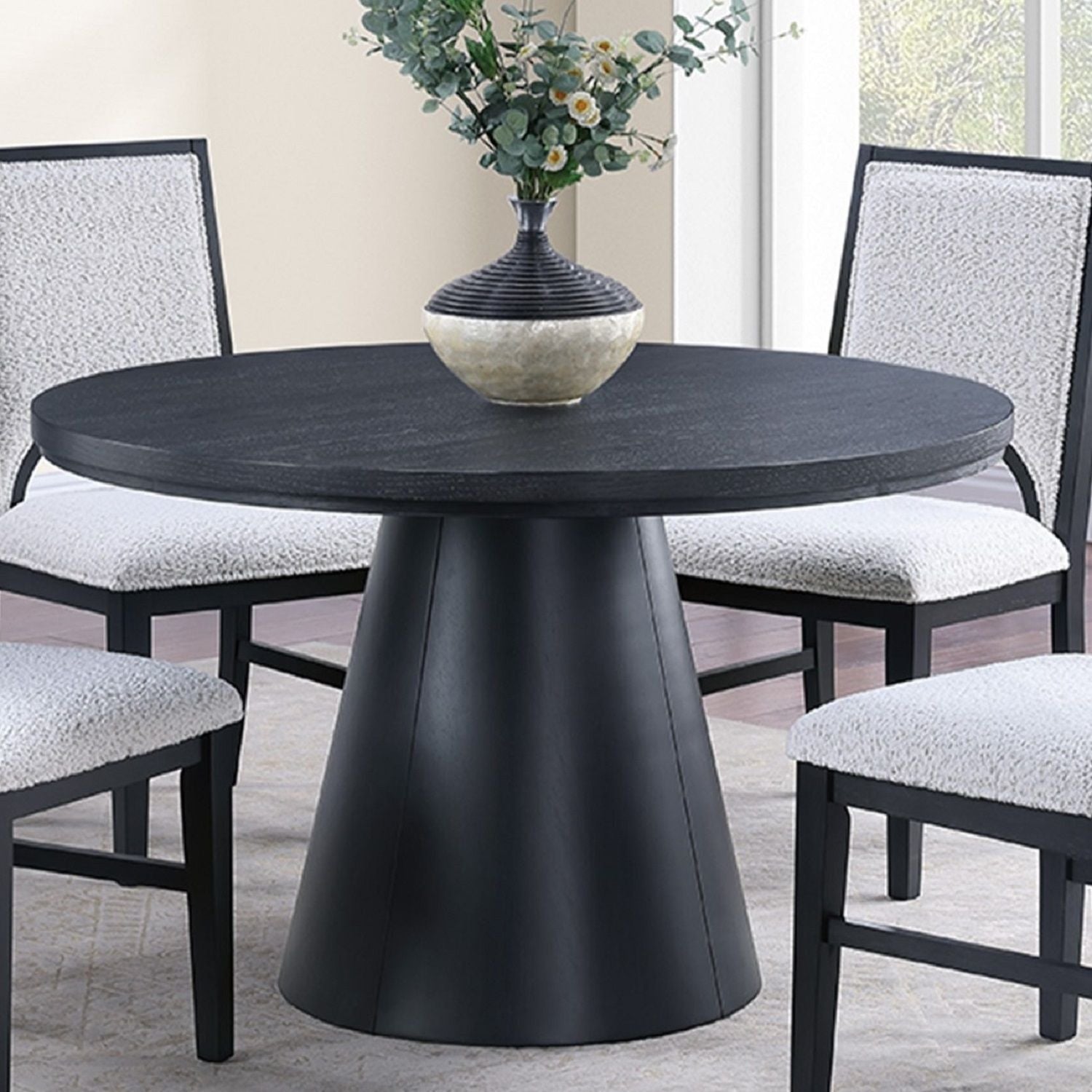 5 Piece Round Dining Set With Upholstered Chairs - Black / White