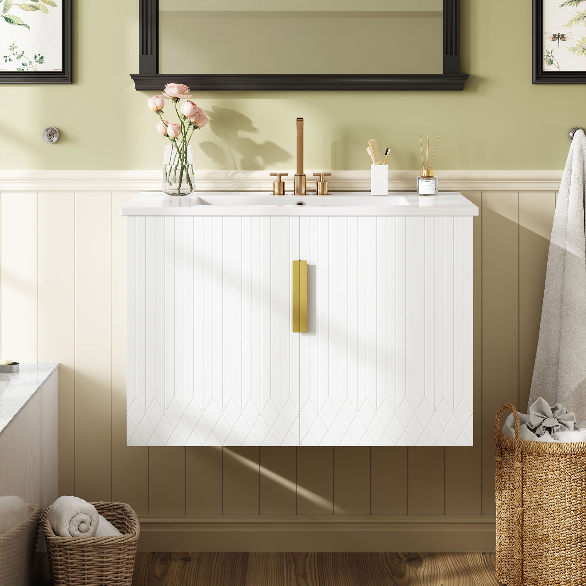 Bathroom Vanity With Sink, Rectangular Storage Cabinet With 2 Soft Closing Doors - White