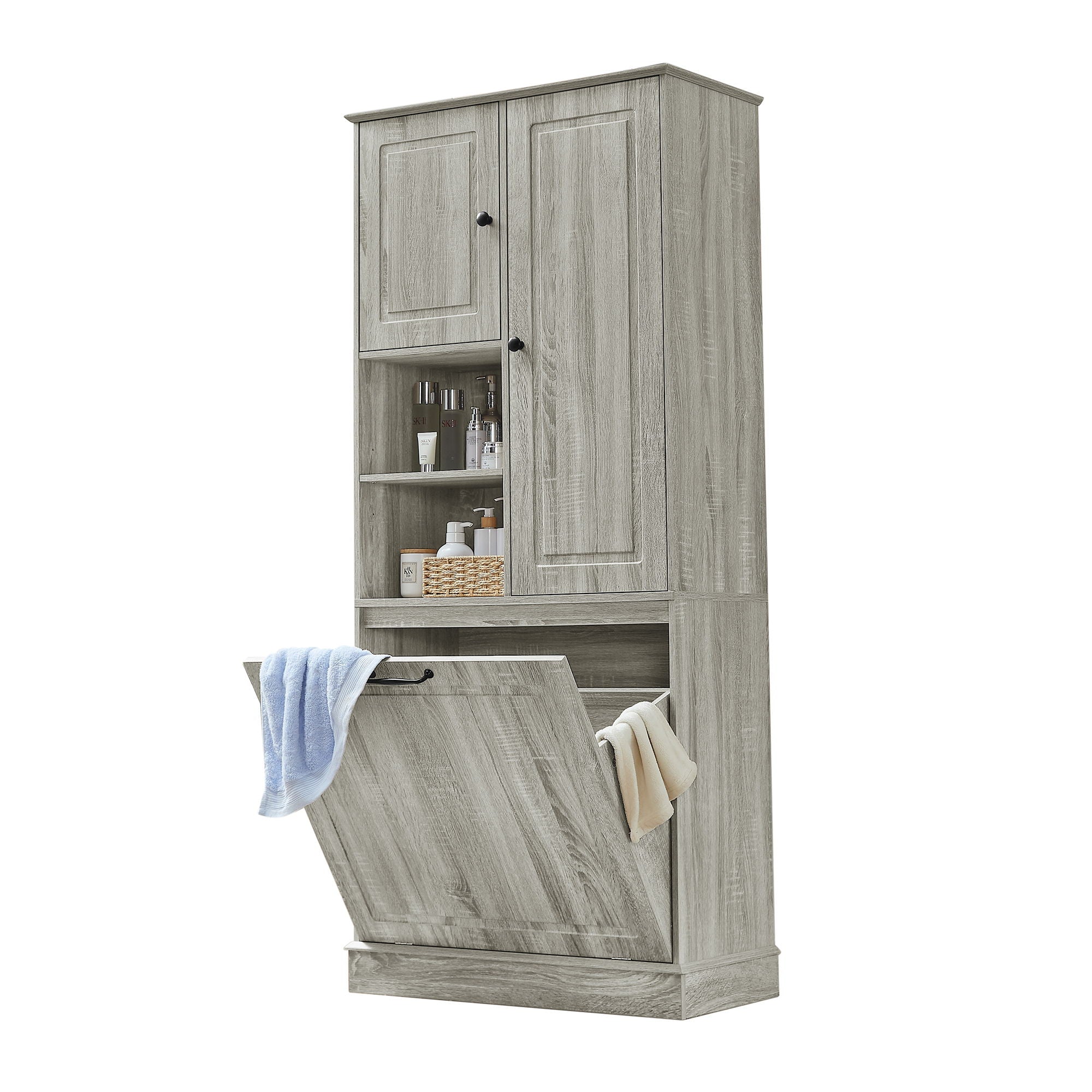 Modern Tall Storage Cabinet With Adjustable Shelves, Flip-Out Basket & Enclosed Doors