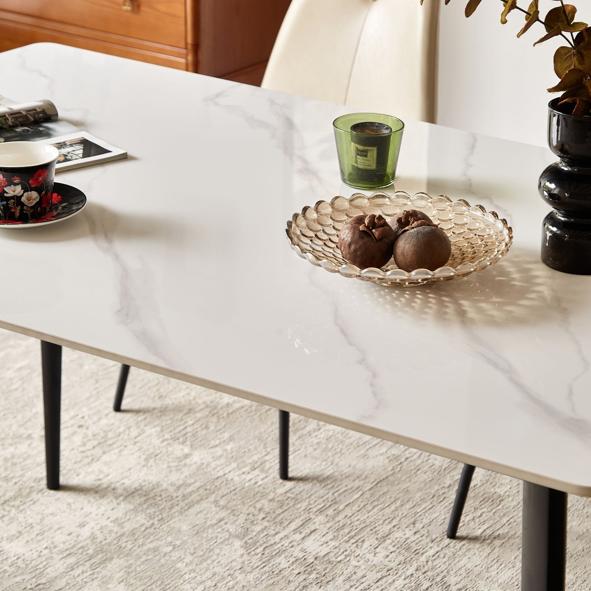 Dining Table Round White Sintered Stone Top Heavy Duty Metal Legs Waterproof Surface For Kitchen Dining Room Or Office Furniture - White / Black