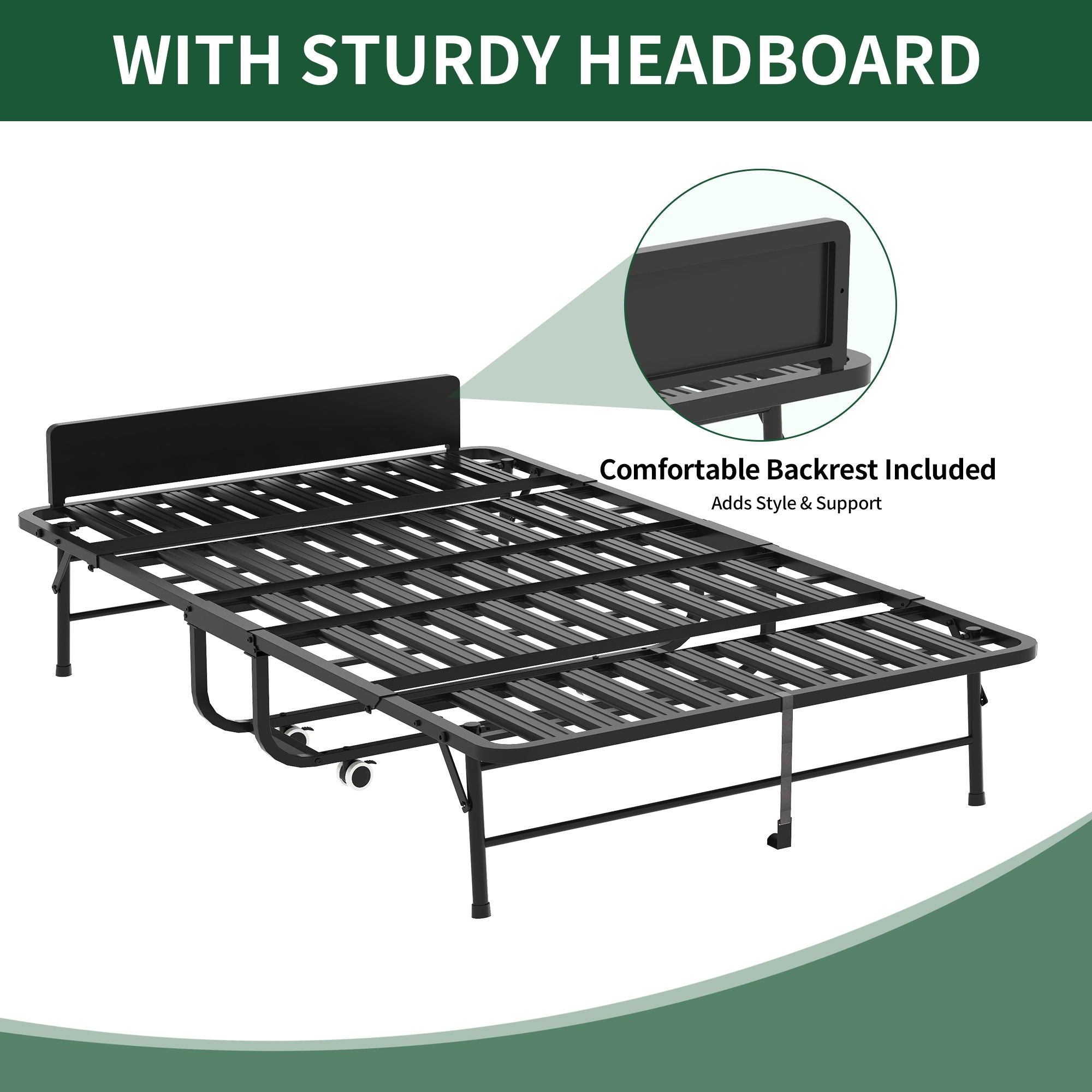 Twin Extra Long Folding Bed With Adjustable Headboard, Cot With Memory Foam Mattress - Black