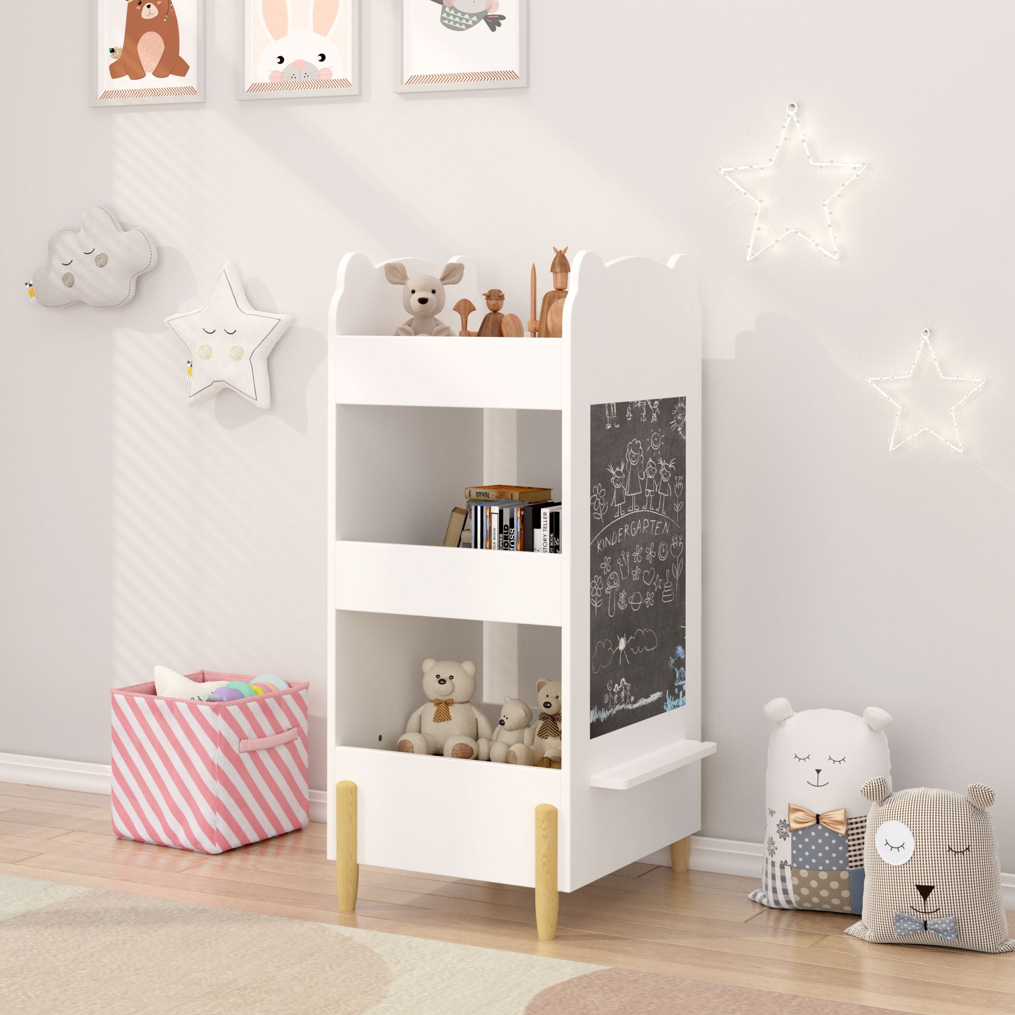 Bear Shaped Bookshelf With Chalkboard Side, 3 Tier Storage Organizer For Playroom - White