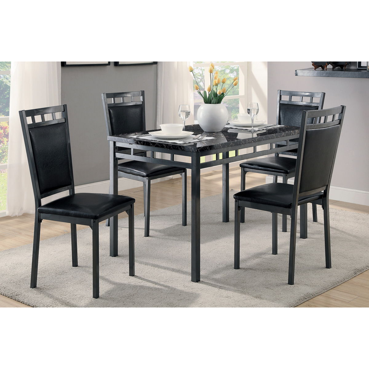 Olney - 5 Piece Dinette Set With Faux Marble Top - Black / Dark Brown
