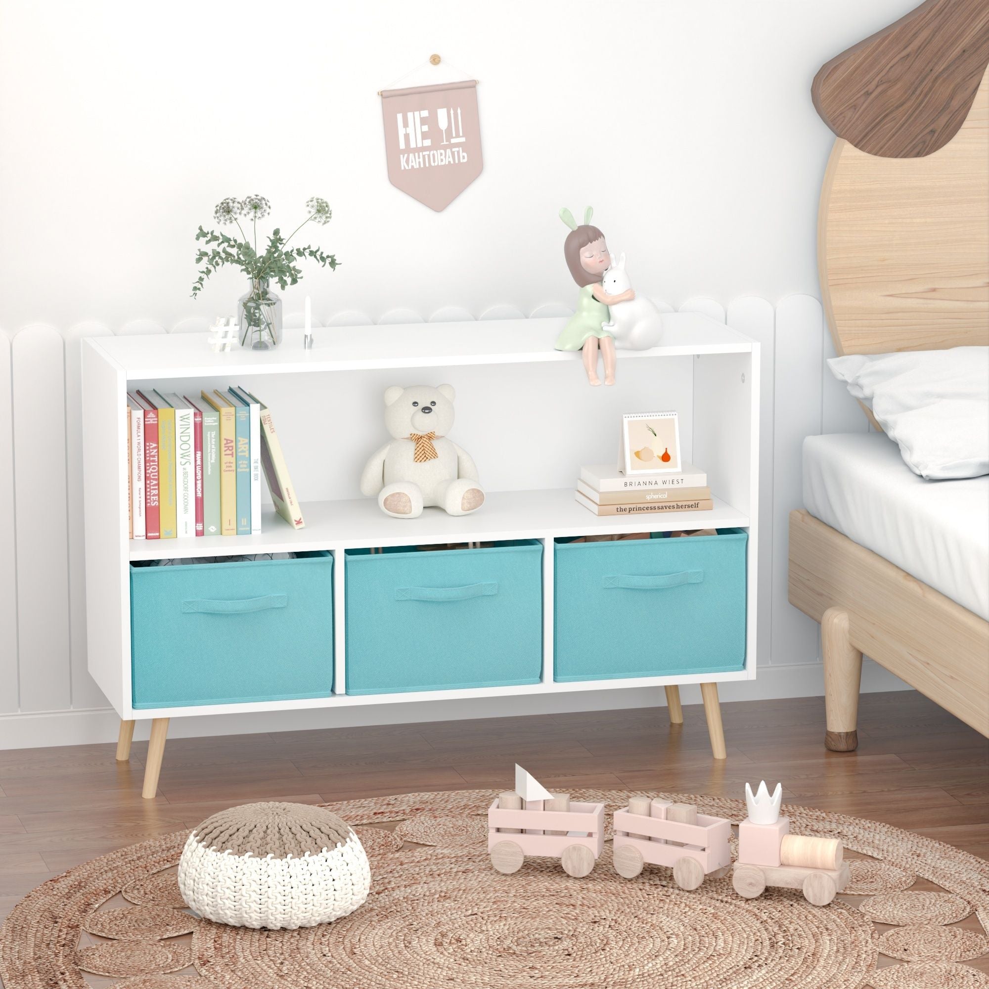 Bookcase With Collapsible Drawers, Book Display Storage Cabinet Organizer - White / Blue