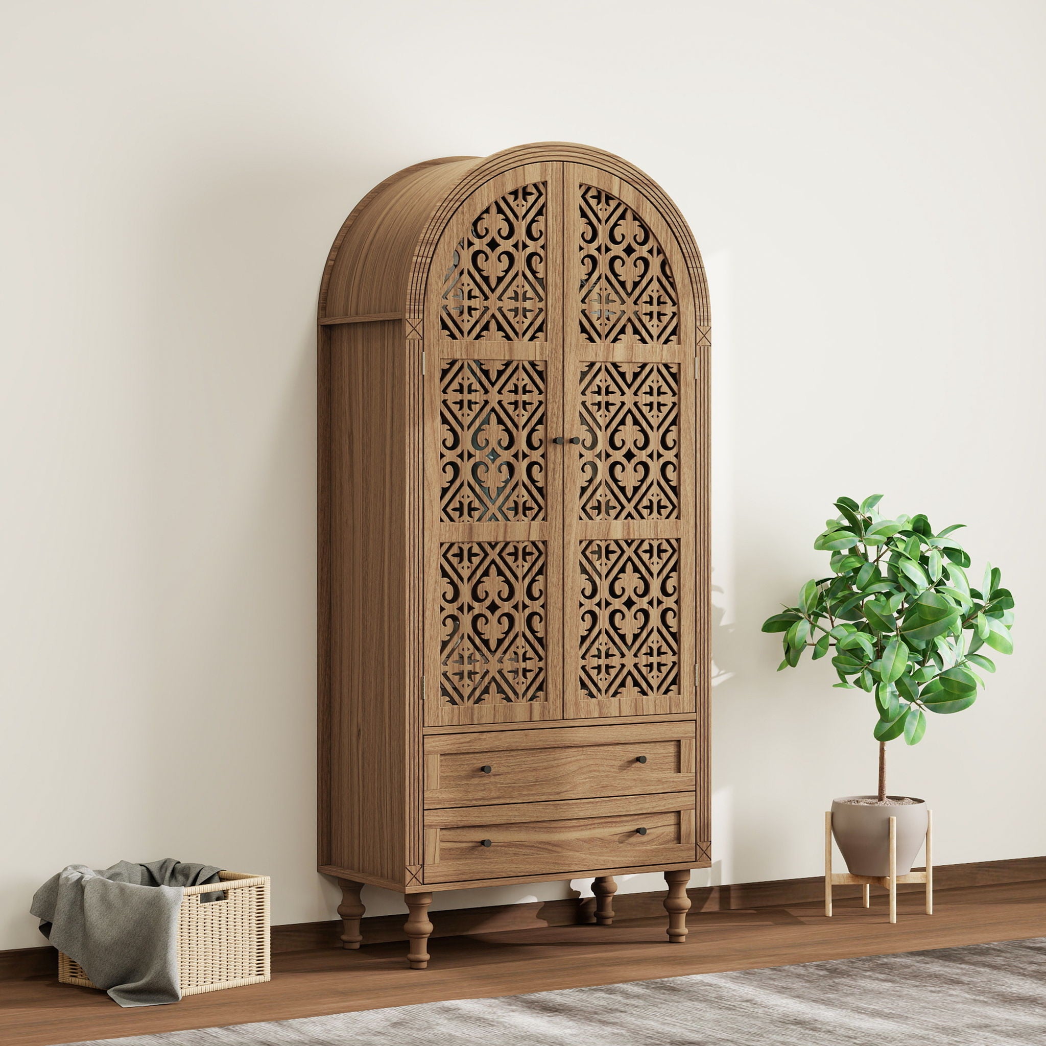 Tall Kitchen Pantry Cabinet With Hollow Carved Doors 2 Drawers And Adjustable Shelves Storage Display Cabinet For Kitchen Dining Room Or Living Room - Walnut