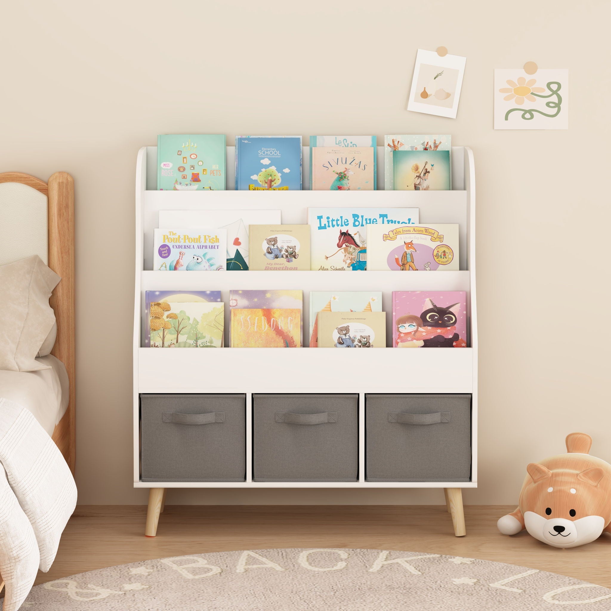 Bookshelf With 3 Bins, Storage Shelf For Toys And Books